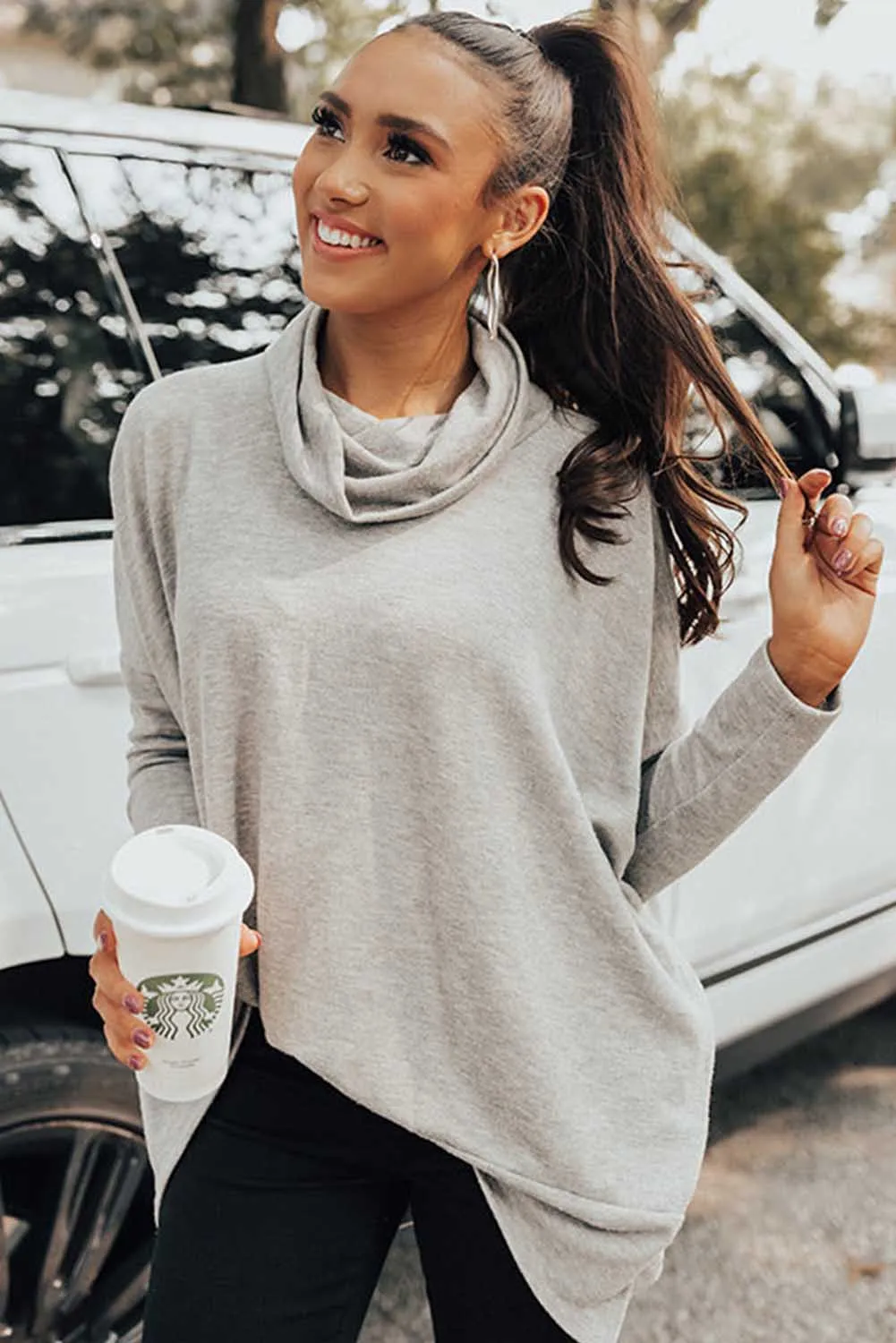 Gray High Neck Long Sleeve Side Slit Top