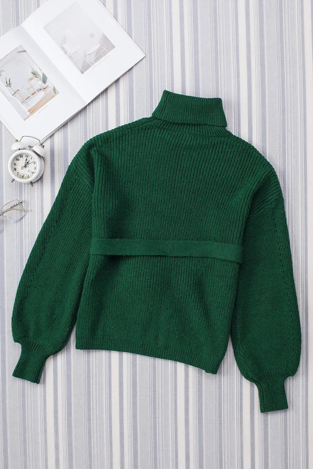 Green Ribbed High Neck Hollowed Sleeve Belted Sweater