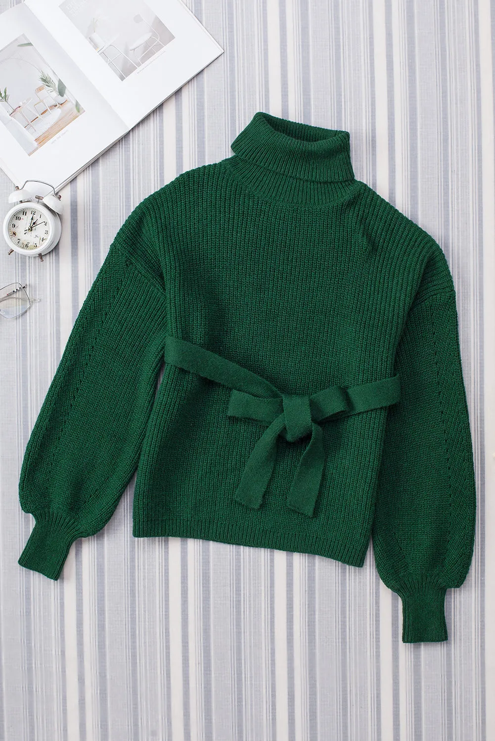 Green Ribbed High Neck Hollowed Sleeve Belted Sweater