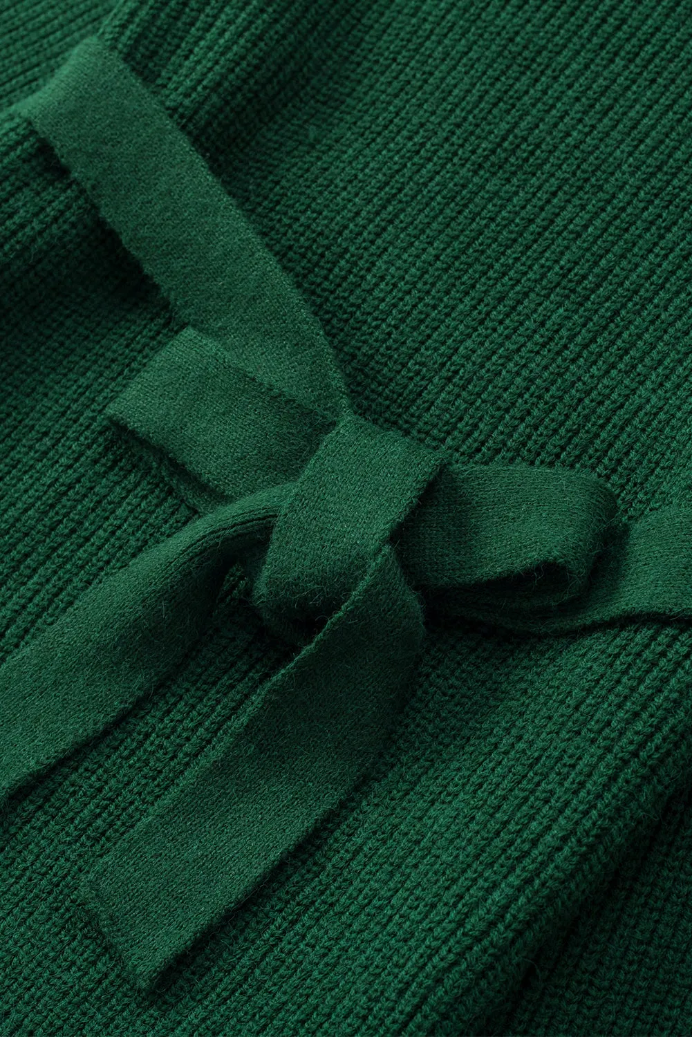 Green Ribbed High Neck Hollowed Sleeve Belted Sweater