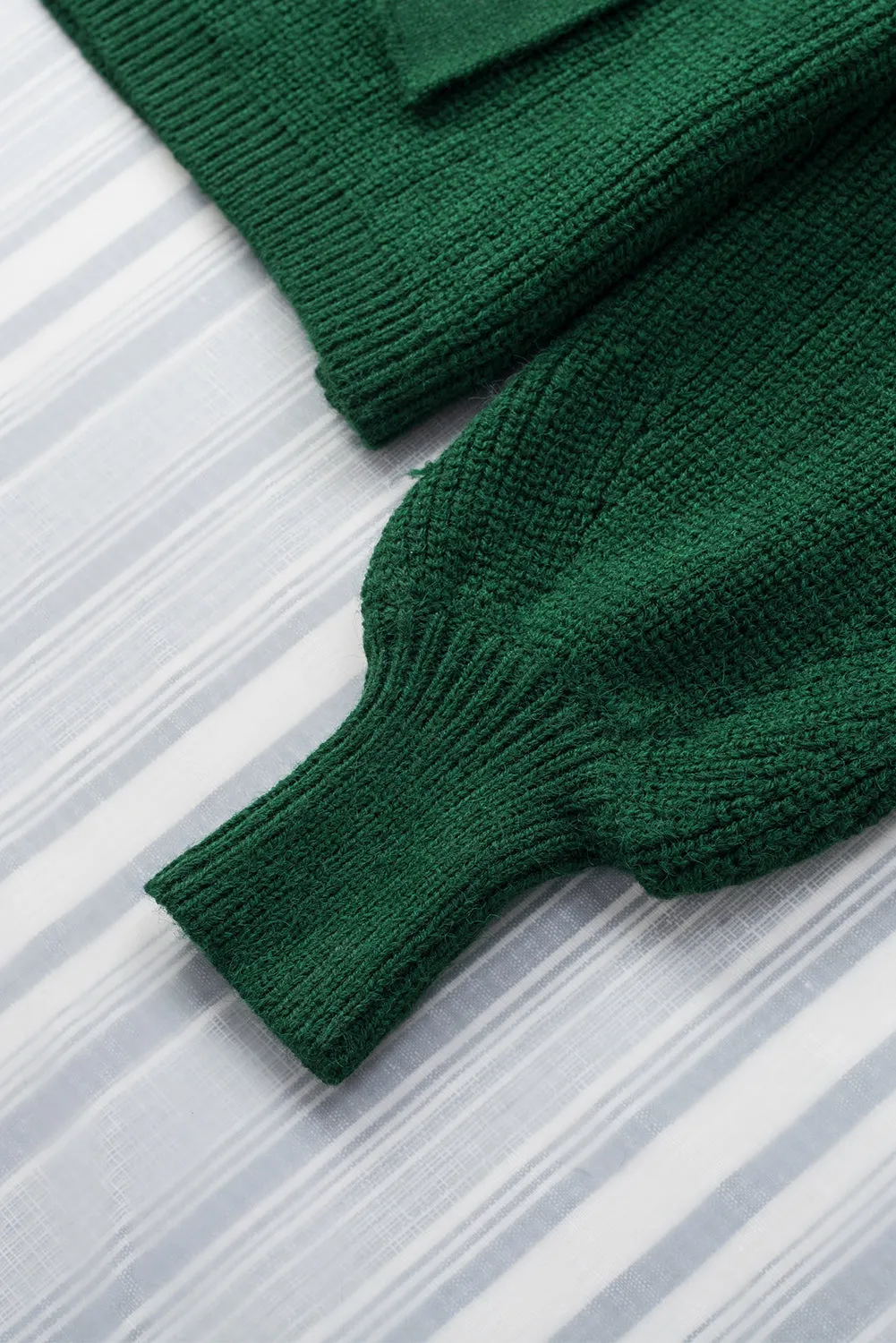 Green Ribbed High Neck Hollowed Sleeve Belted Sweater