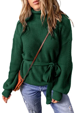 Green Ribbed High Neck Hollowed Sleeve Belted Sweater