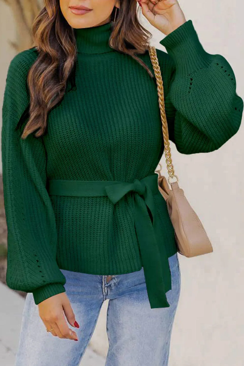 Green Ribbed High Neck Hollowed Sleeve Belted Sweater