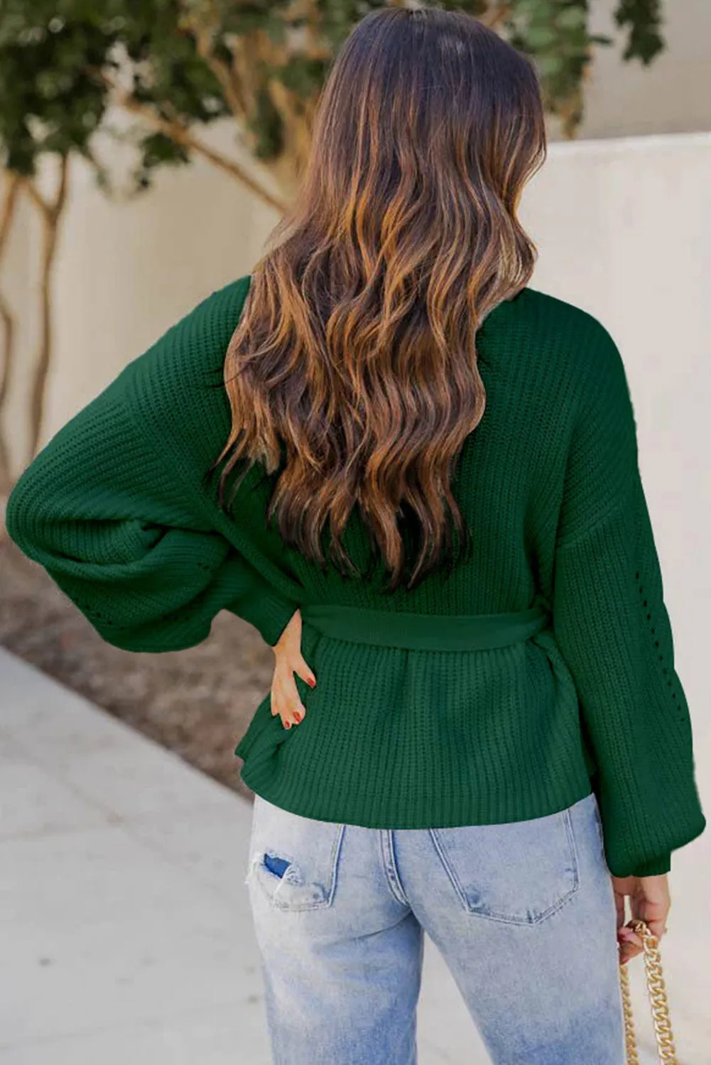 Green Ribbed High Neck Hollowed Sleeve Belted Sweater