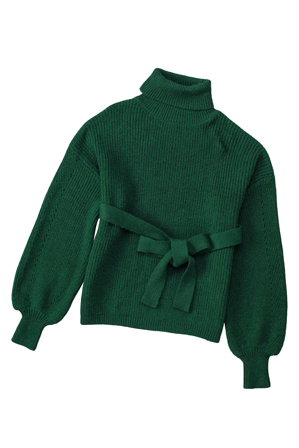 Green Ribbed High Neck Hollowed Sleeve Belted Sweater