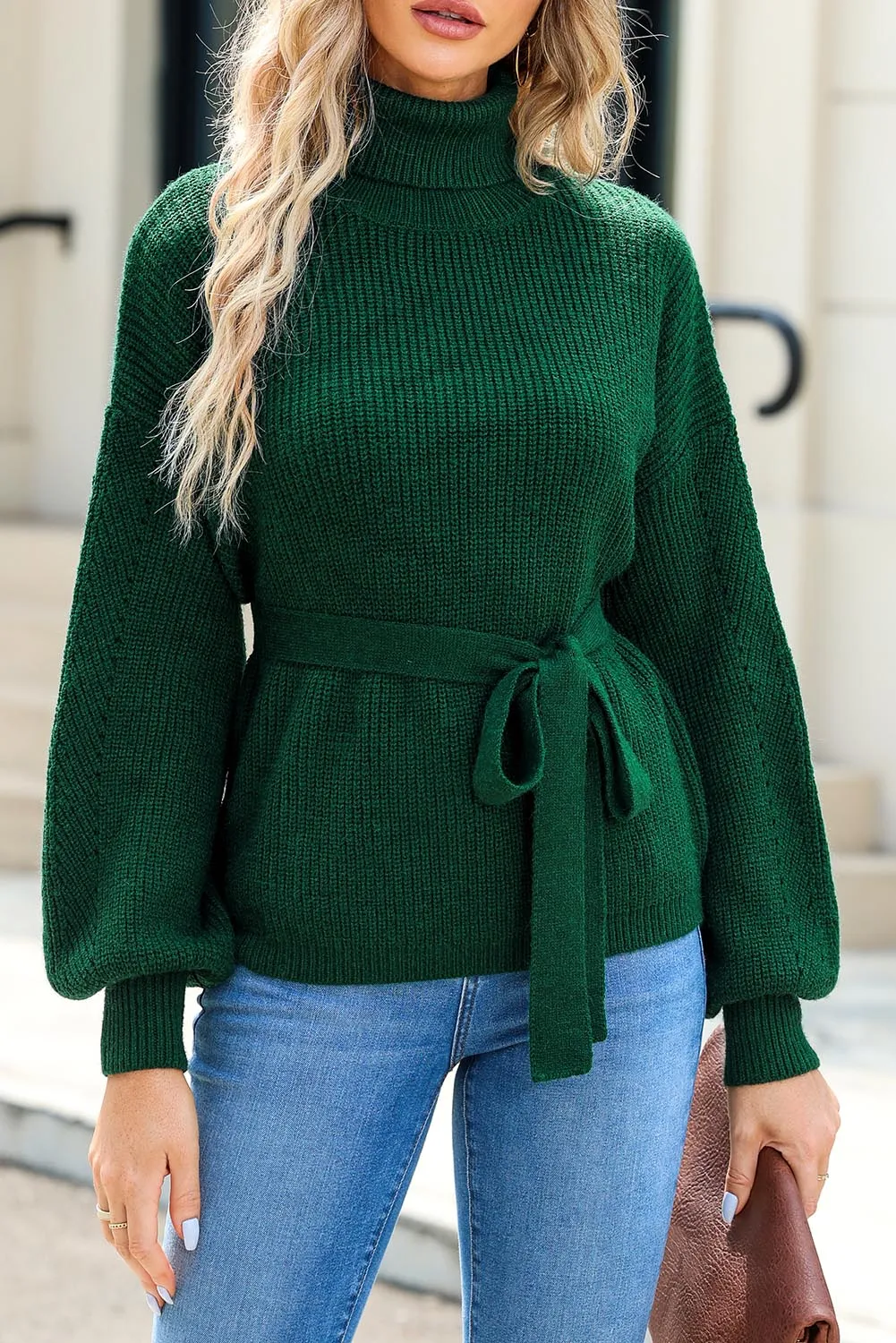 Green Ribbed High Neck Hollowed Sleeve Belted Sweater