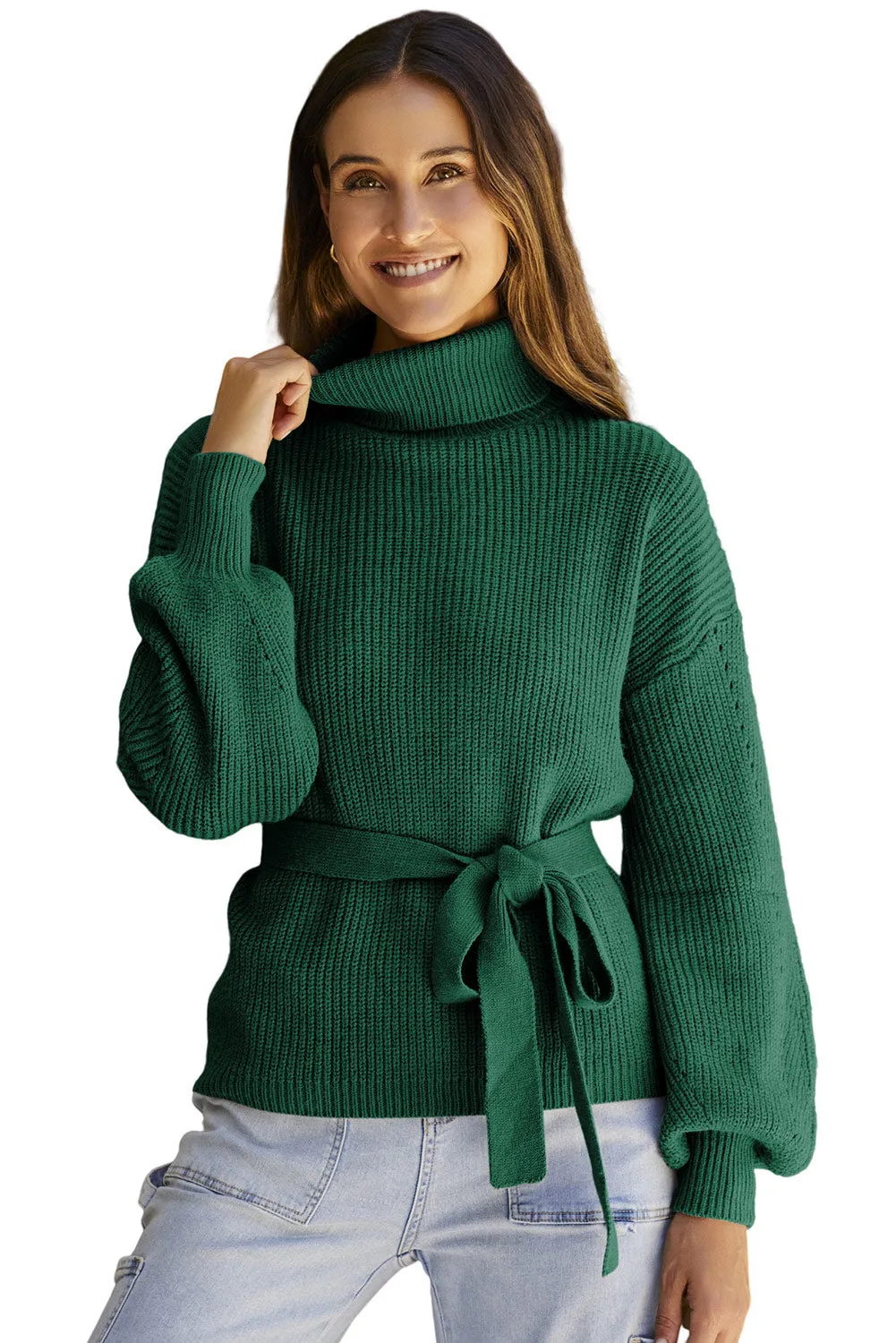 Green Ribbed High Neck Hollowed Sleeve Belted Sweater