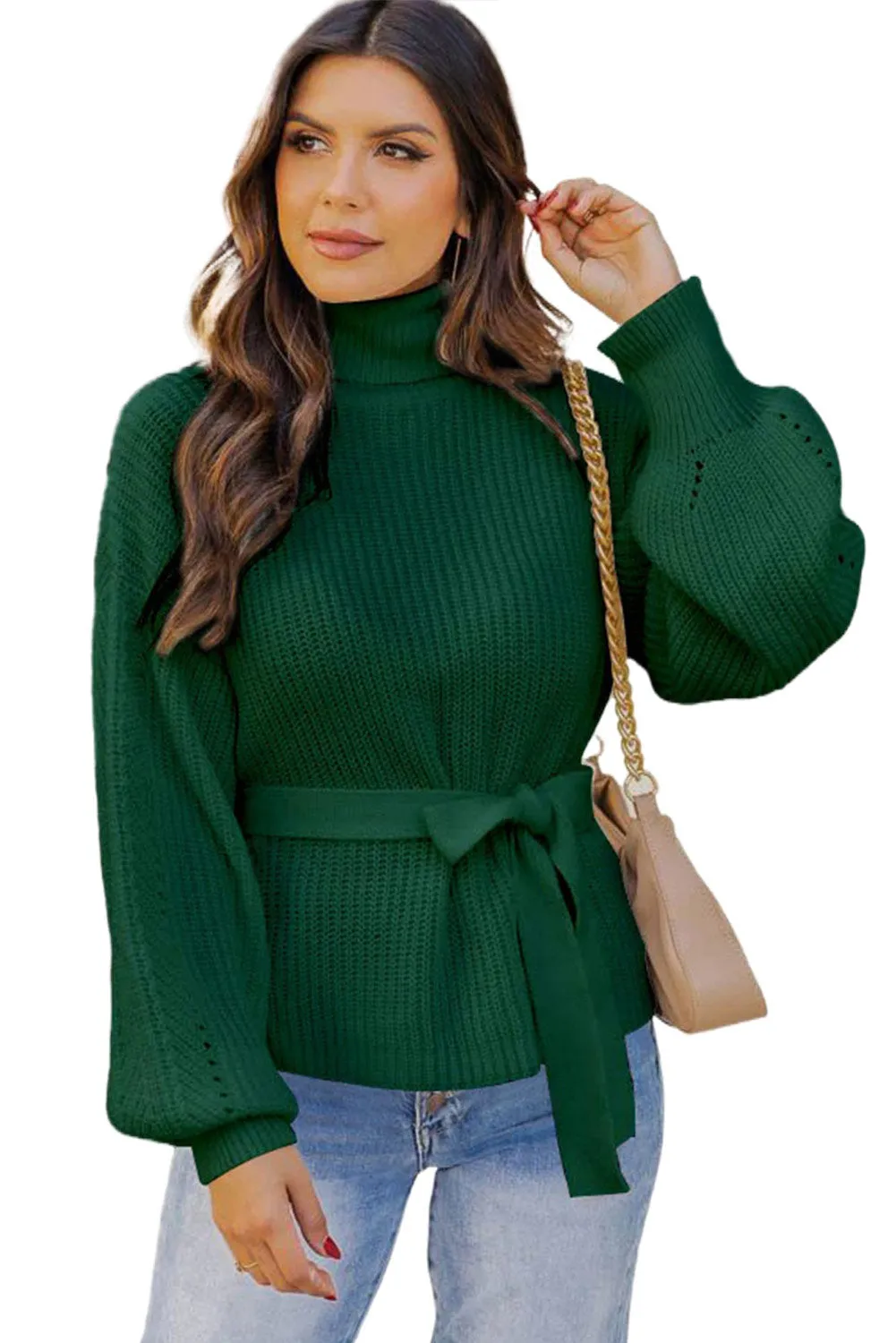 Green Ribbed High Neck Hollowed Sleeve Belted Sweater
