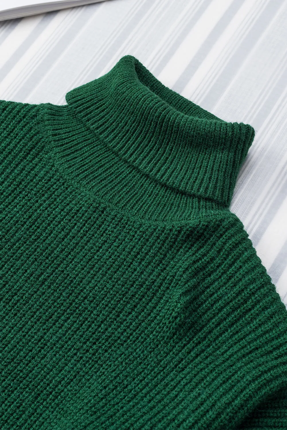 Green Ribbed High Neck Hollowed Sleeve Belted Sweater