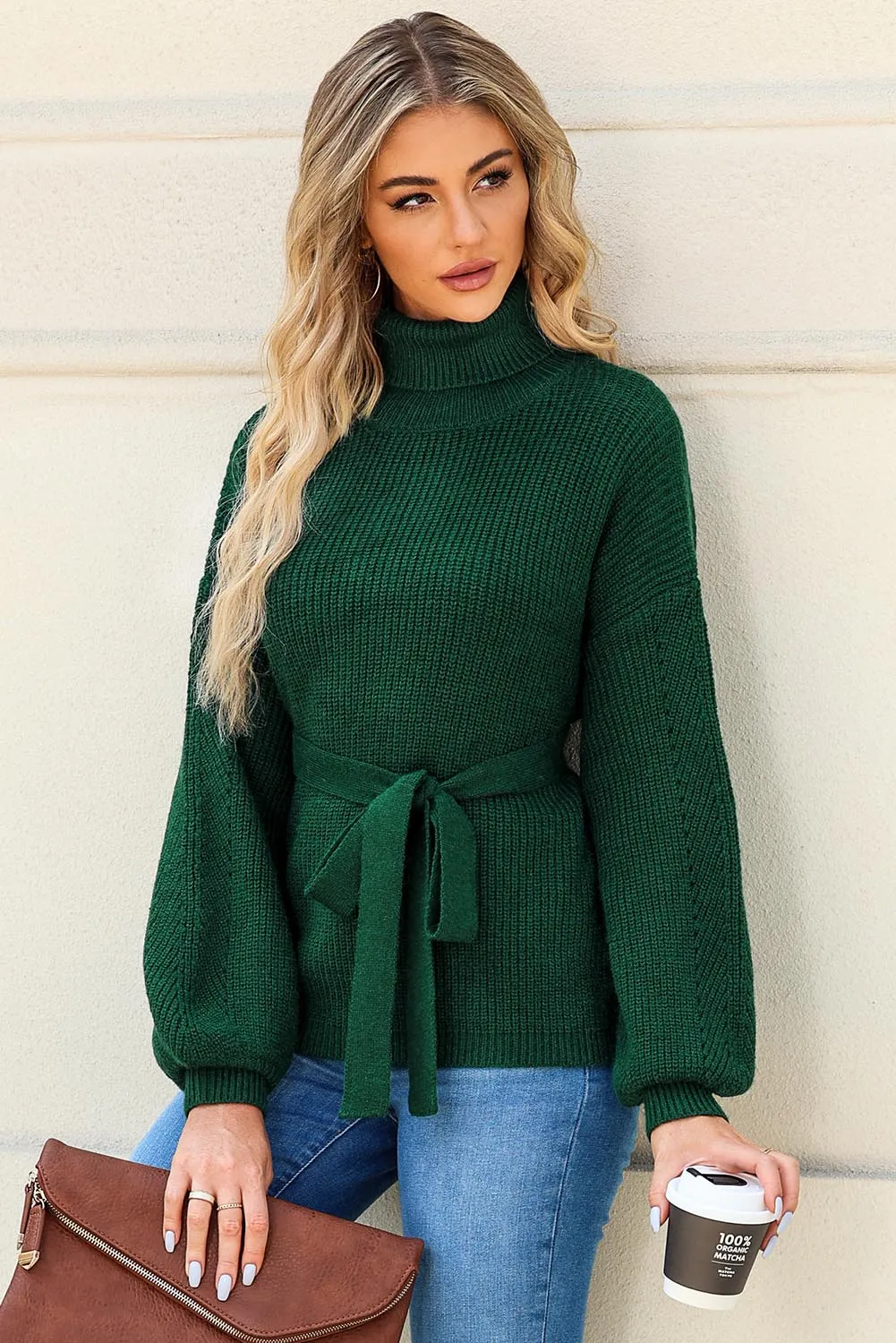 Green Ribbed High Neck Hollowed Sleeve Belted Sweater