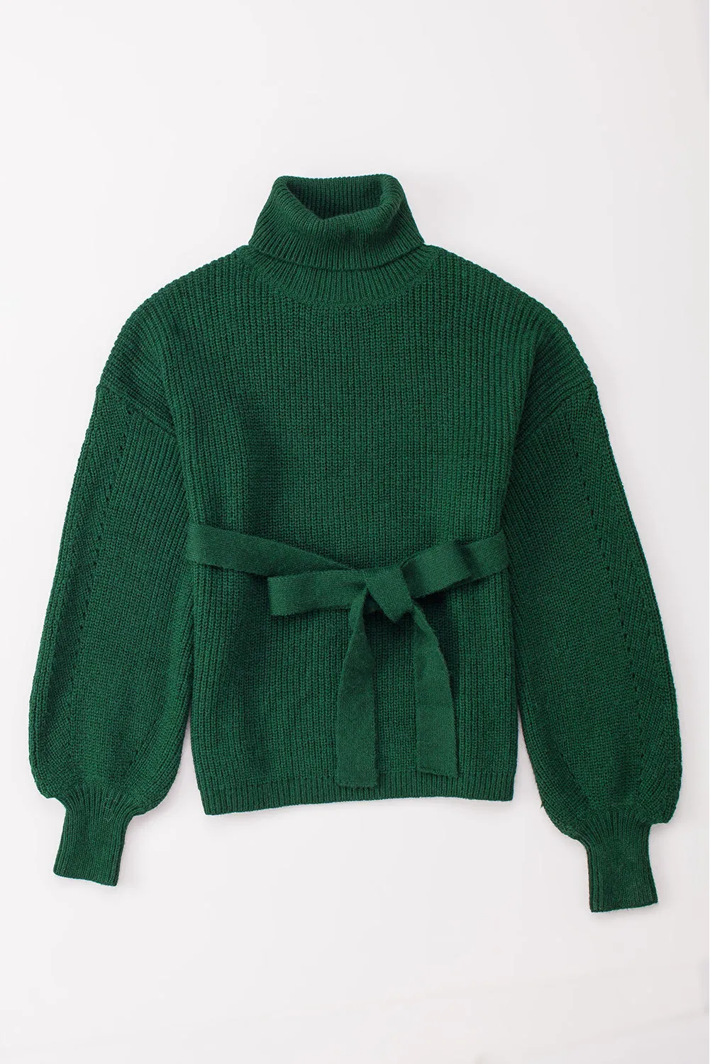 Green Ribbed High Neck Hollowed Sleeve Belted Sweater