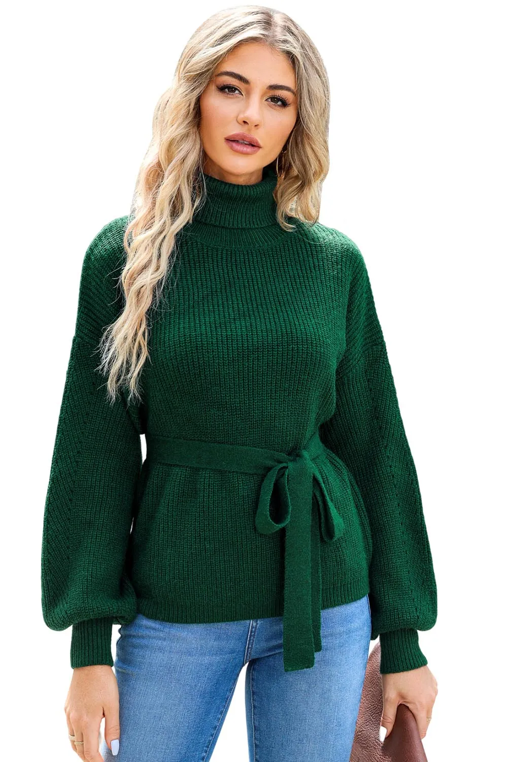 Green Ribbed High Neck Hollowed Sleeve Belted Sweater