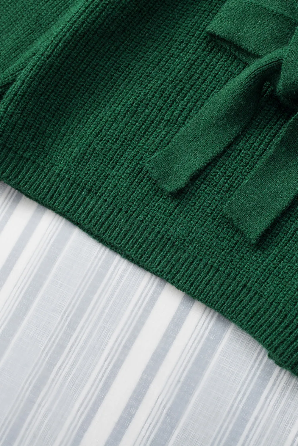 Green Ribbed High Neck Hollowed Sleeve Belted Sweater
