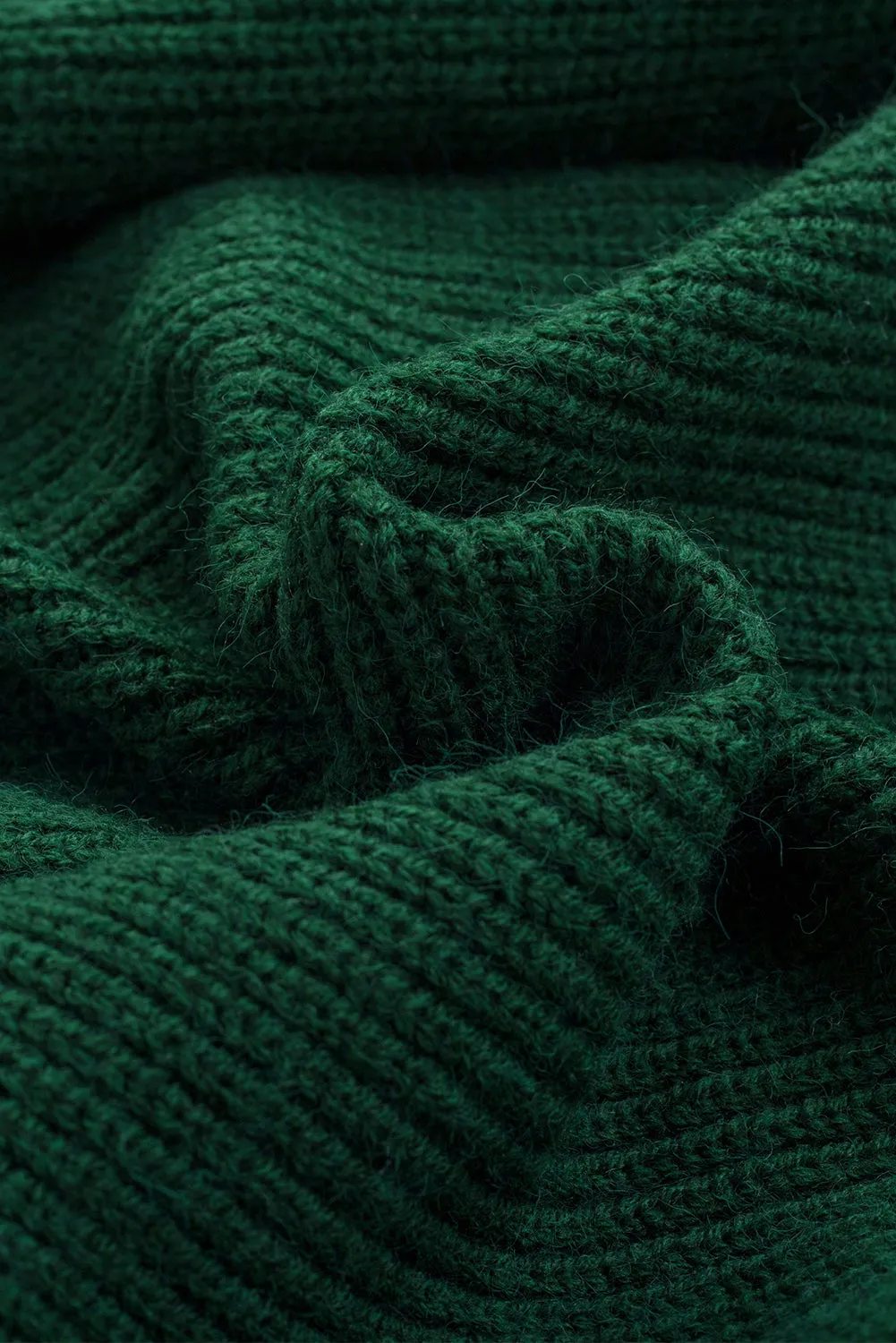 Green Ribbed High Neck Hollowed Sleeve Belted Sweater