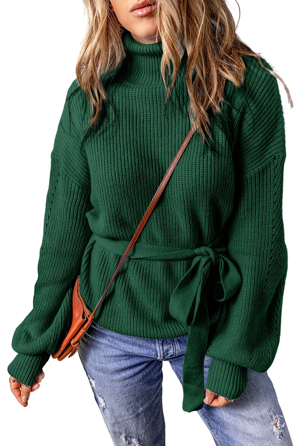 Green Ribbed High Neck Hollowed Sleeve Belted Sweater