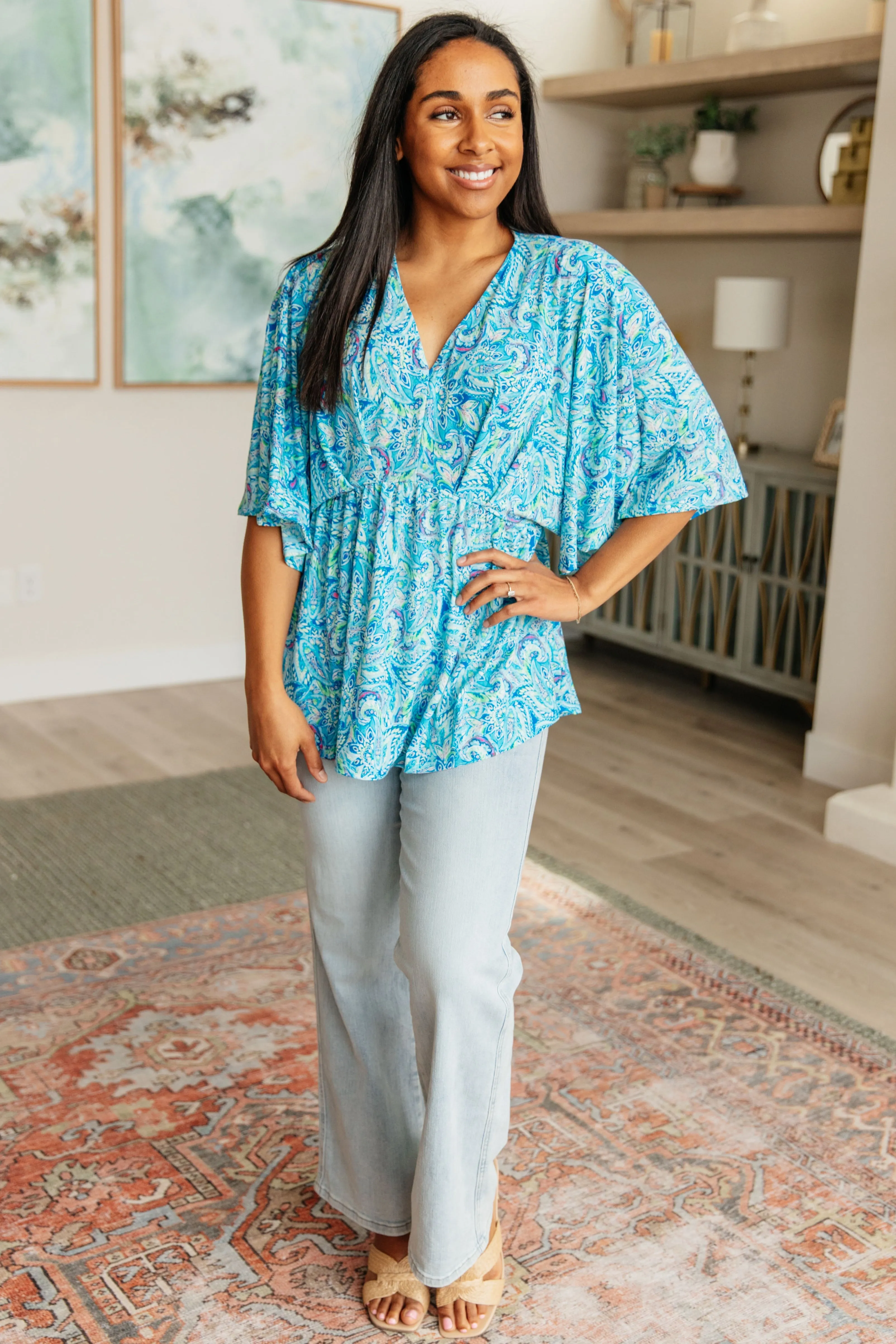 Hazel Blues® |  Dreamer Peplum Top in Blue and Teal Paisley
