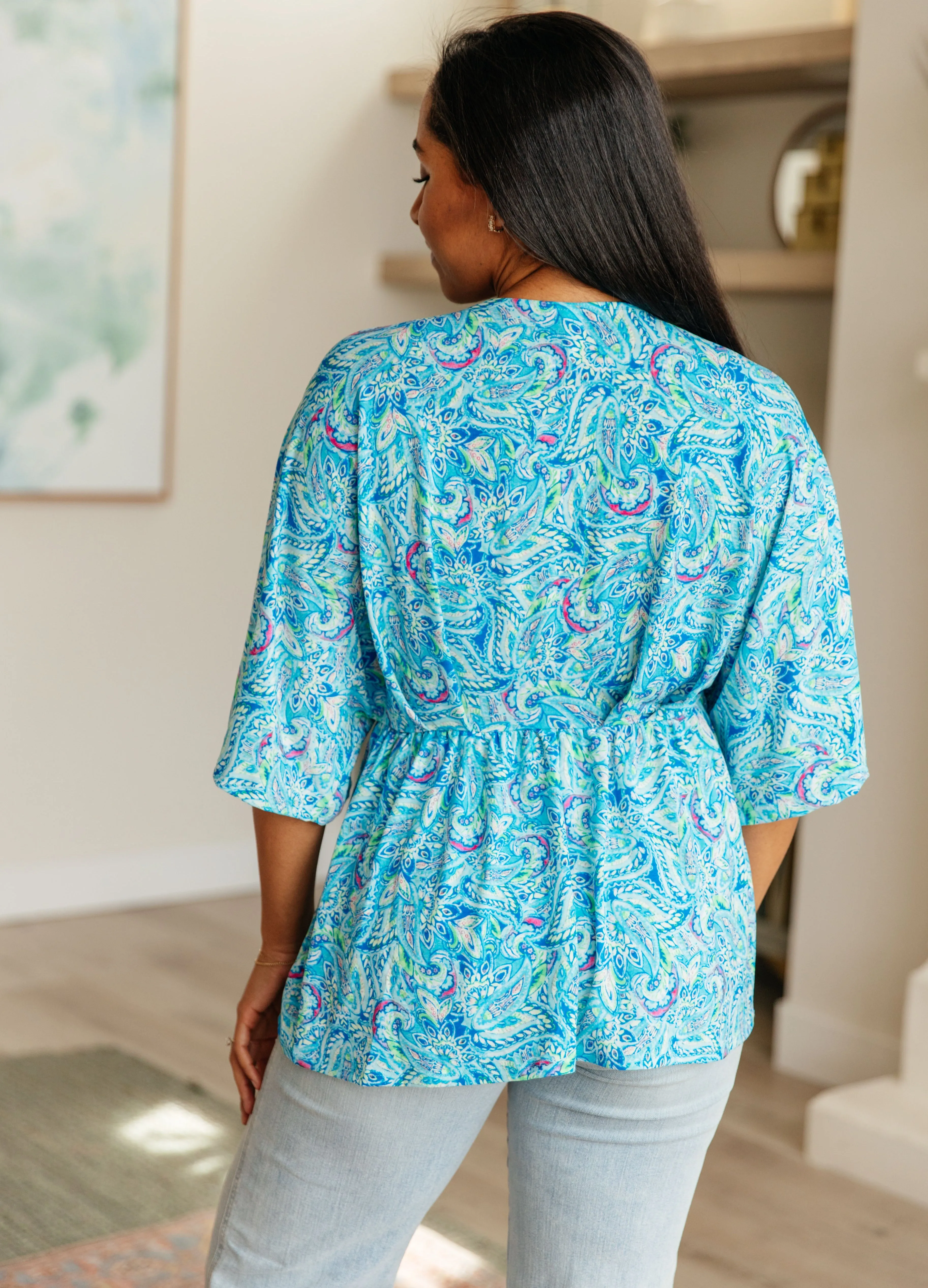 Hazel Blues® |  Dreamer Peplum Top in Blue and Teal Paisley