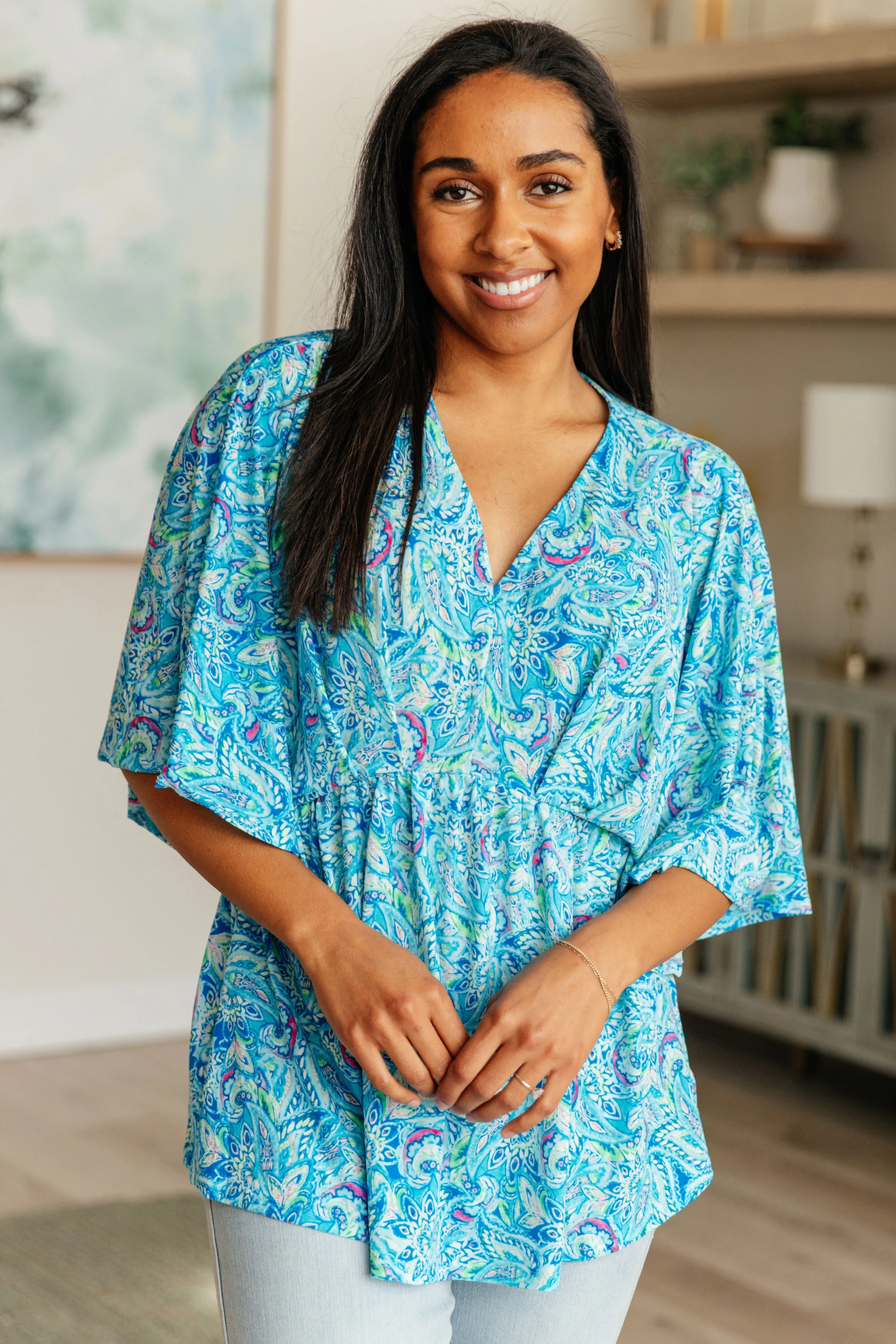 Hazel Blues® |  Dreamer Peplum Top in Blue and Teal Paisley