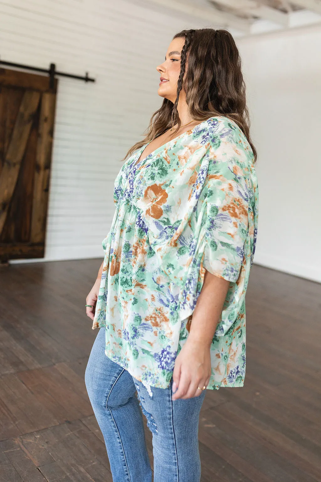 Hazel Blues® |  Fabled in Floral Draped Peplum Top in Ivory
