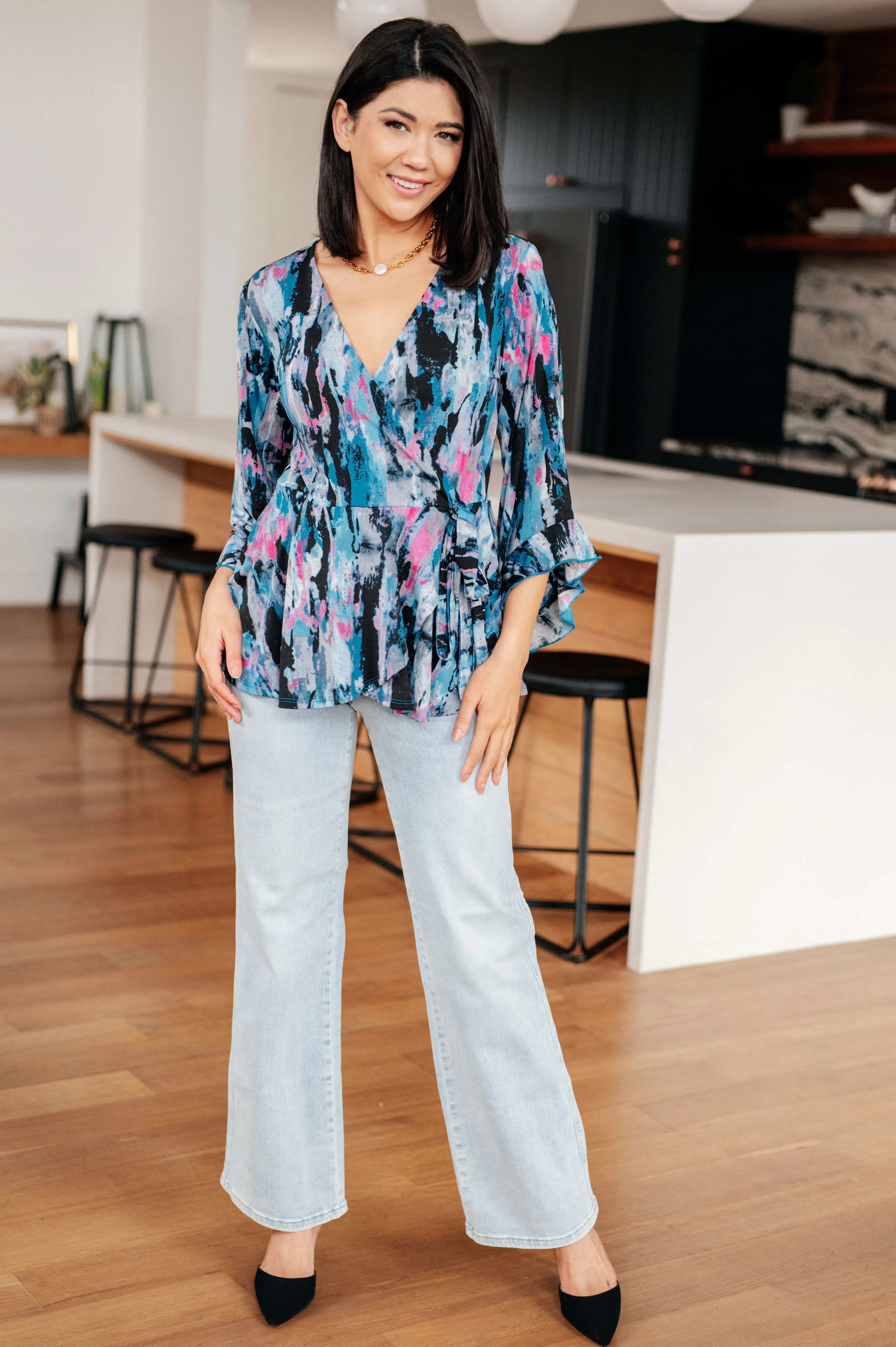 Hazel Blues® |  Have it All Angel Sleeve Top in Abstract Magenta