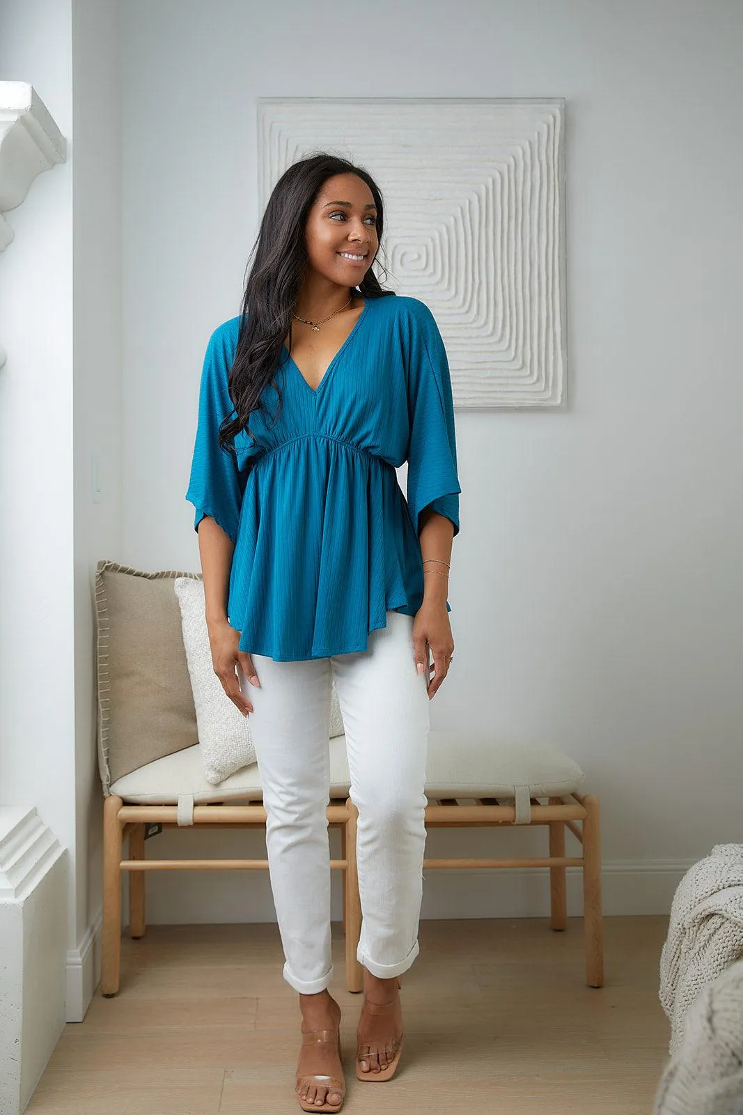 Hazel Blues® |  Storied Moments Draped Peplum Top in Teal