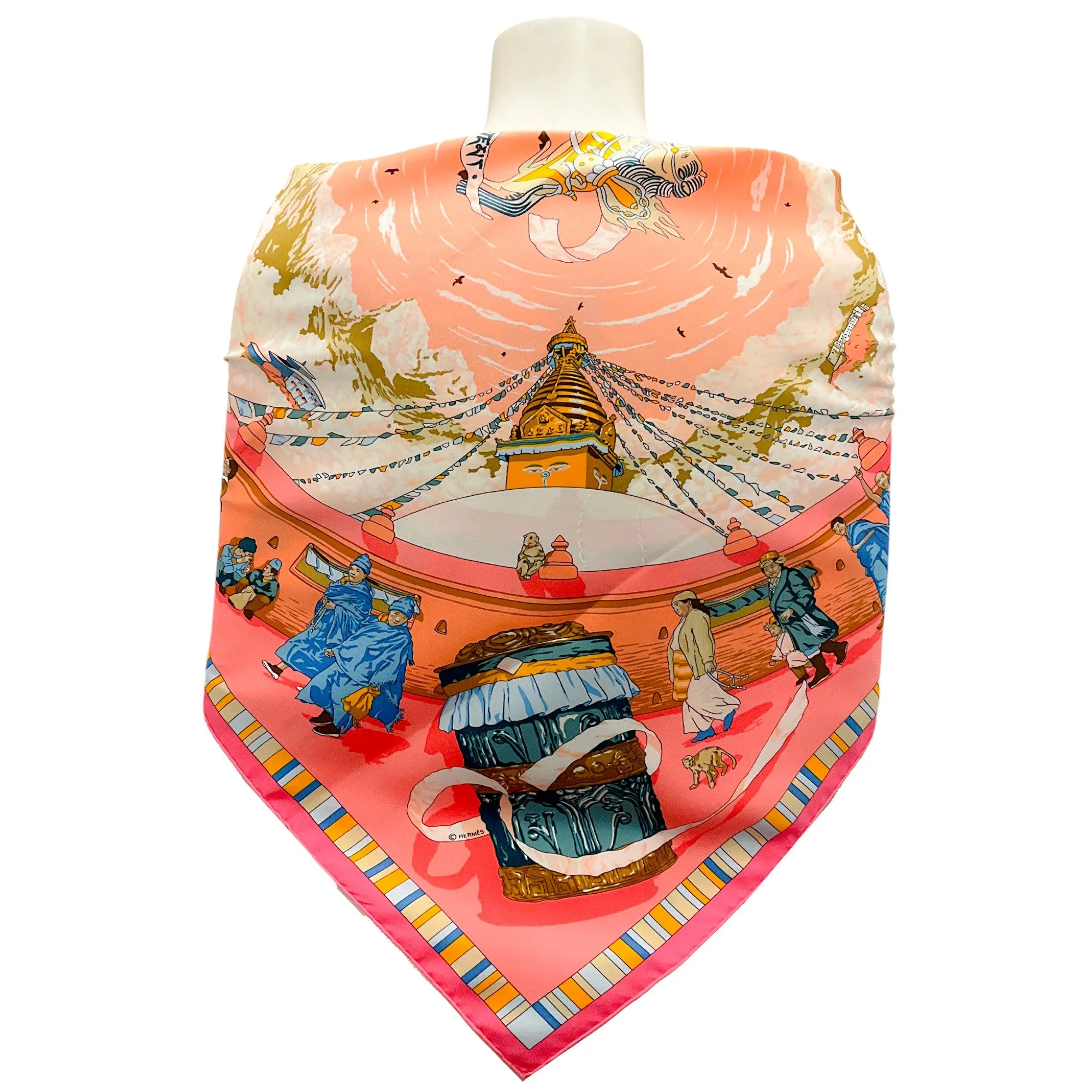 Hermes Coral / Pink Multi Prieres au Vent Print Square Silk Twill Scarf