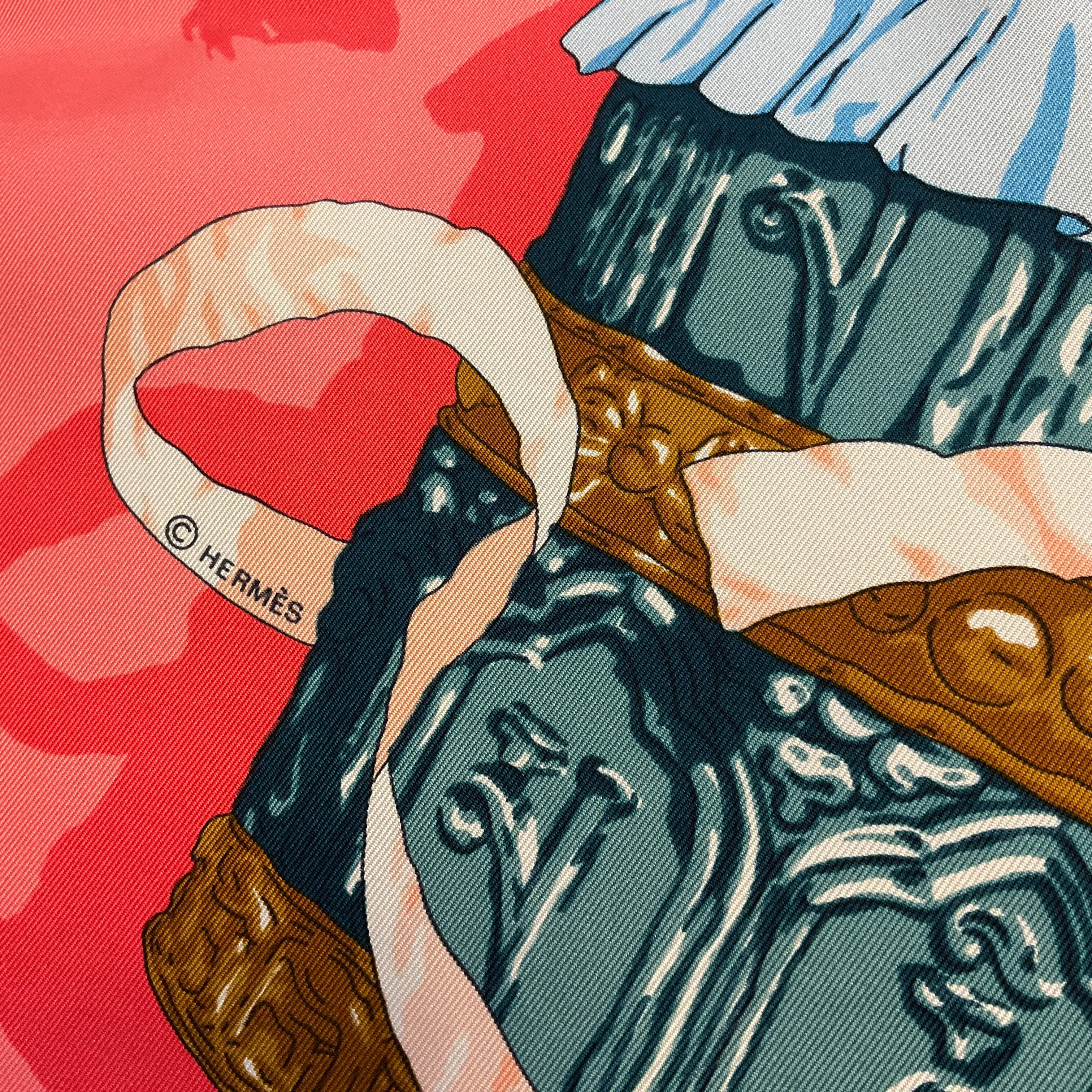 Hermes Coral / Pink Multi Prieres au Vent Print Square Silk Twill Scarf