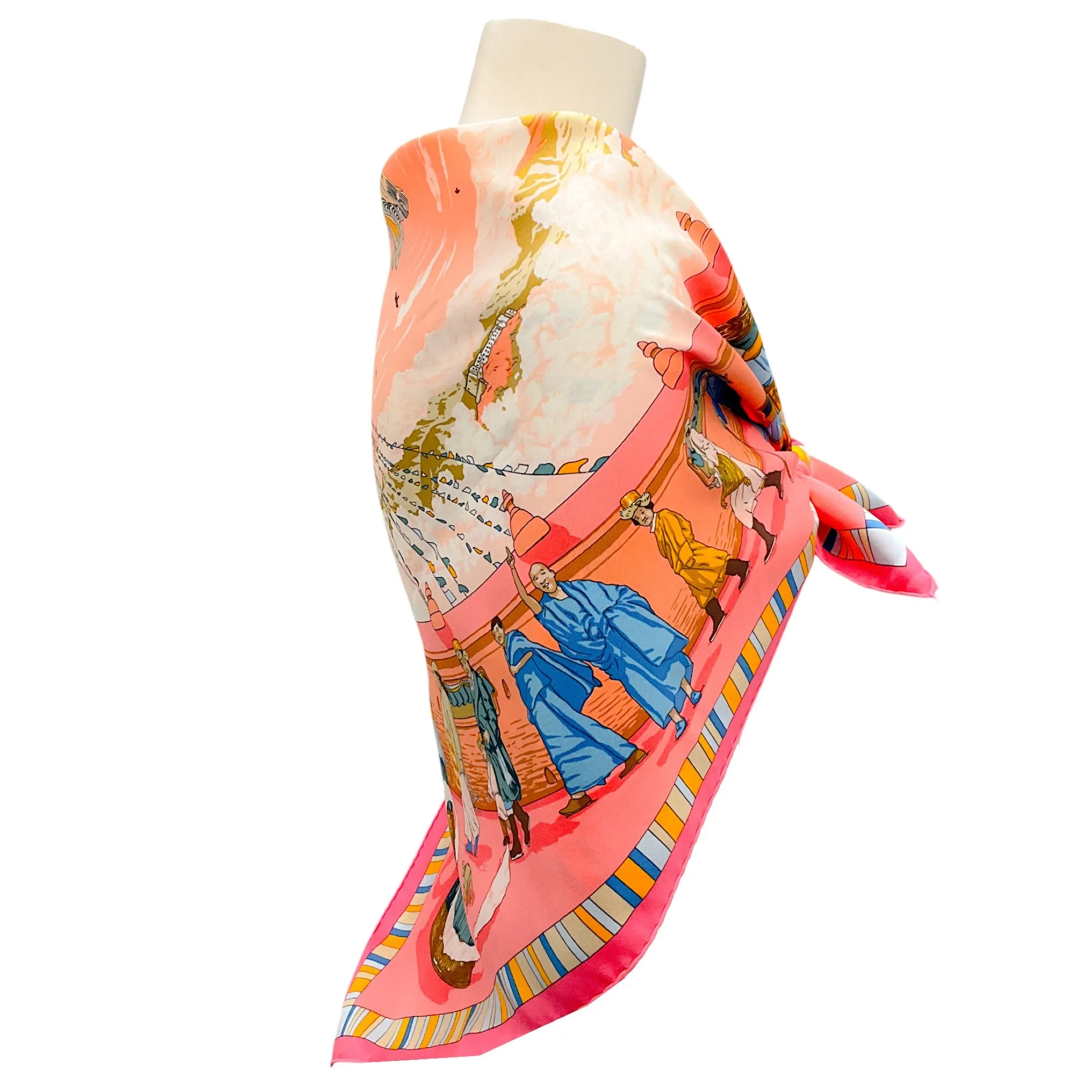 Hermes Coral / Pink Multi Prieres au Vent Print Square Silk Twill Scarf
