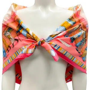 Hermes Coral / Pink Multi Prieres au Vent Print Square Silk Twill Scarf