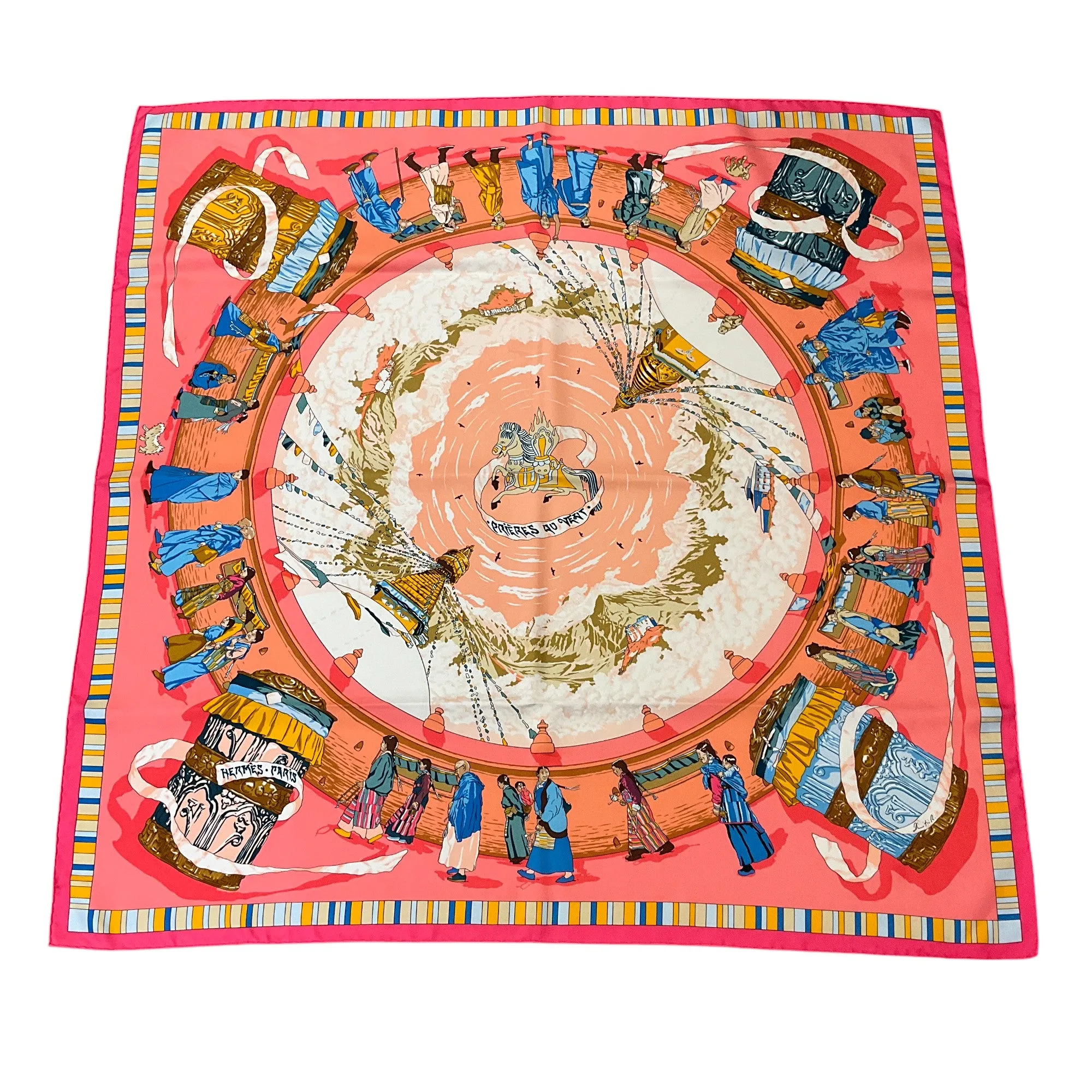Hermes Coral / Pink Multi Prieres au Vent Print Square Silk Twill Scarf