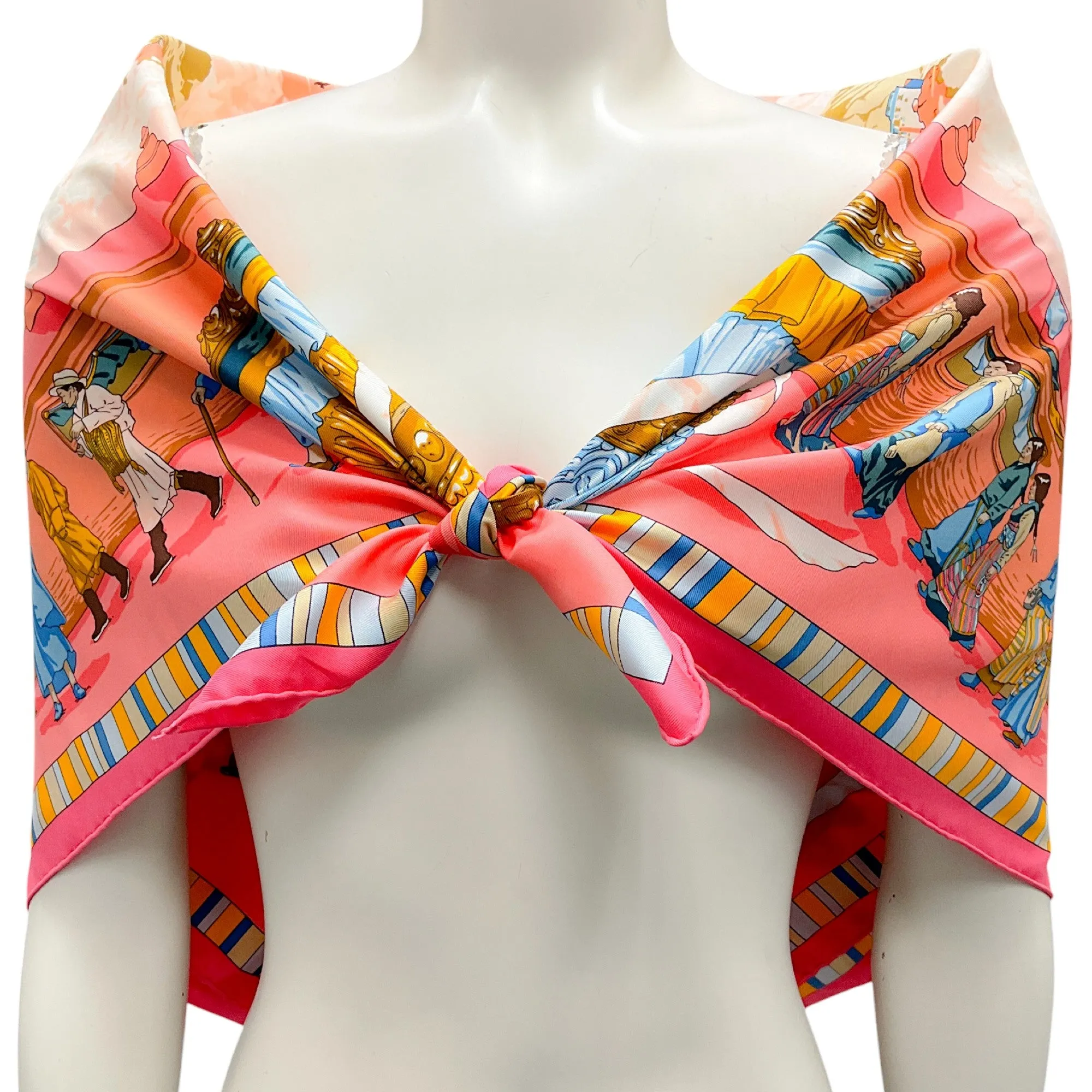 Hermes Coral / Pink Multi Prieres au Vent Print Square Silk Twill Scarf