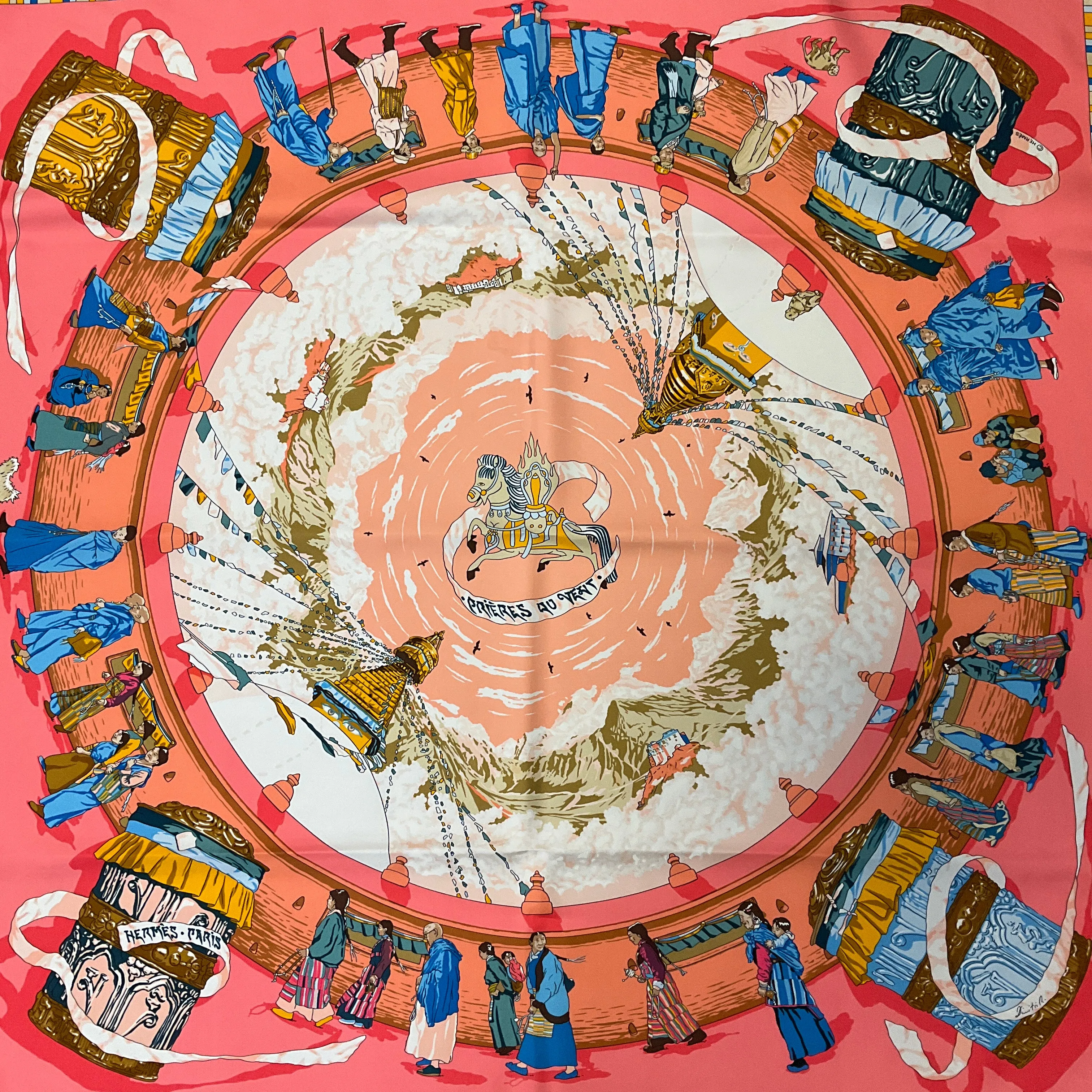 Hermes Coral / Pink Multi Prieres au Vent Print Square Silk Twill Scarf