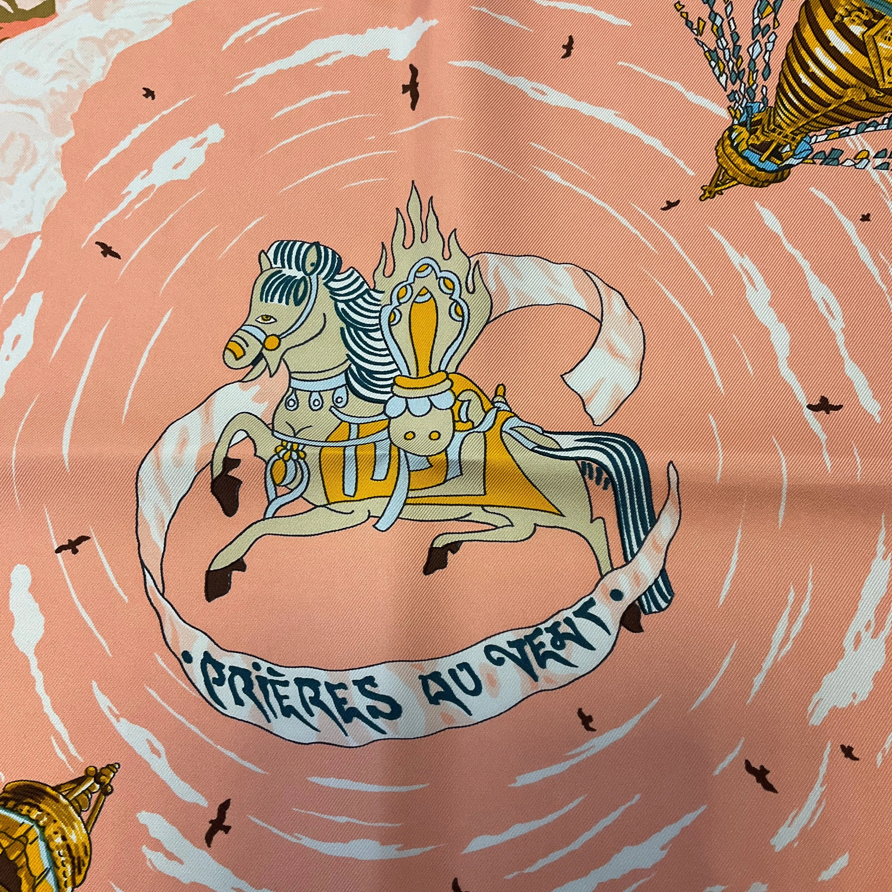 Hermes Coral / Pink Multi Prieres au Vent Print Square Silk Twill Scarf