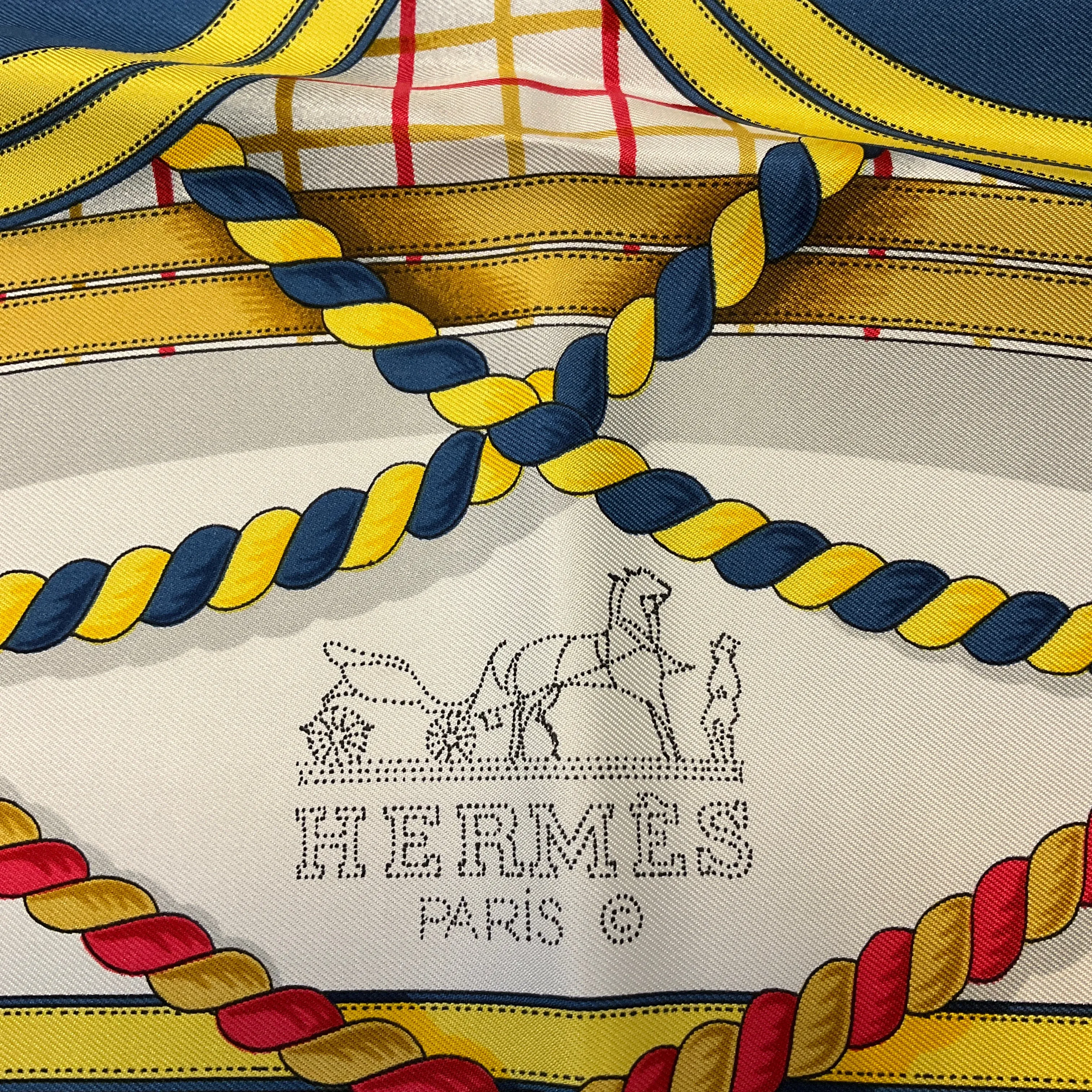 Hermes Navy Blue / Yellow Multi Grande Tenue Print Square Silk Twill Scarf