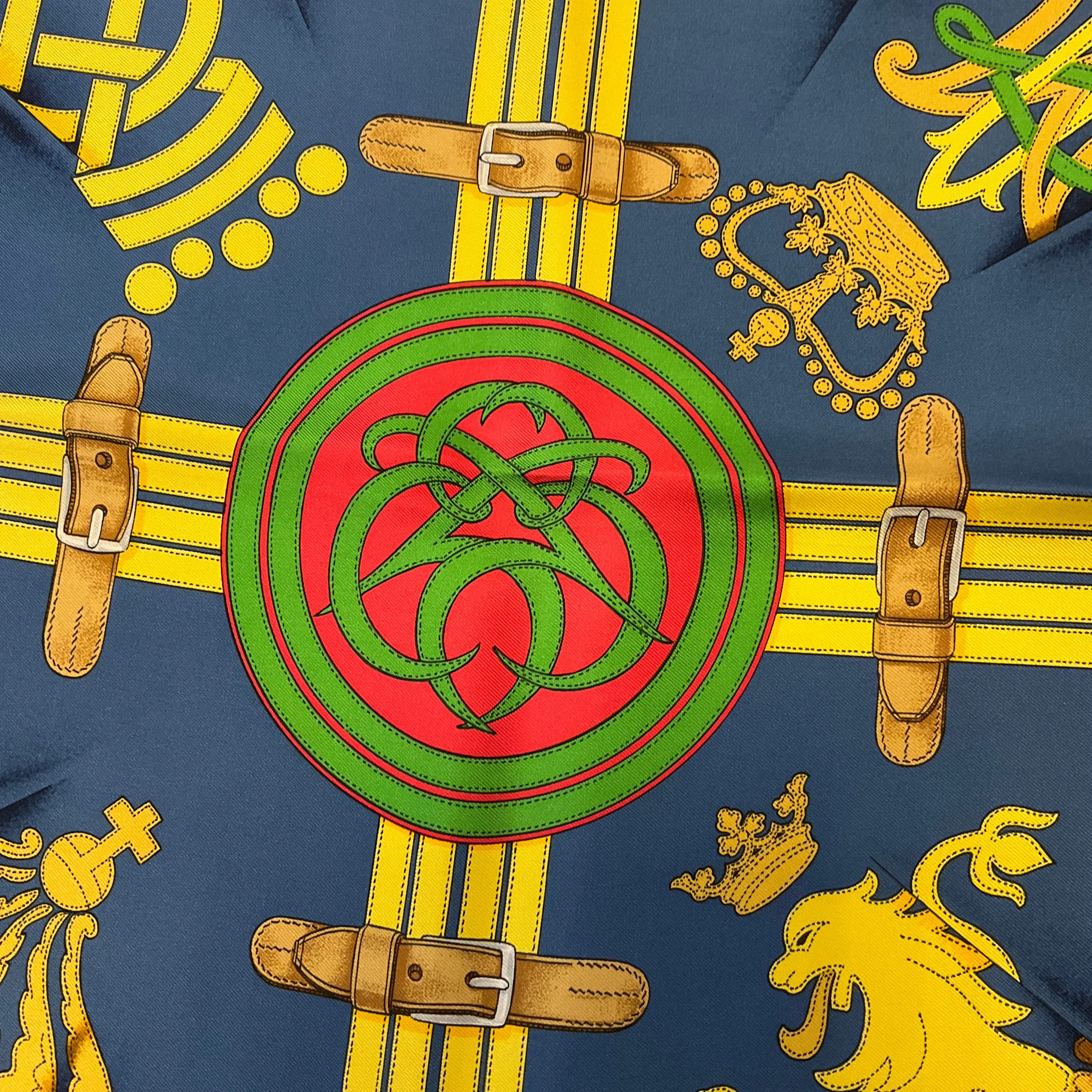 Hermes Navy Blue / Yellow Multi Grande Tenue Print Square Silk Twill Scarf