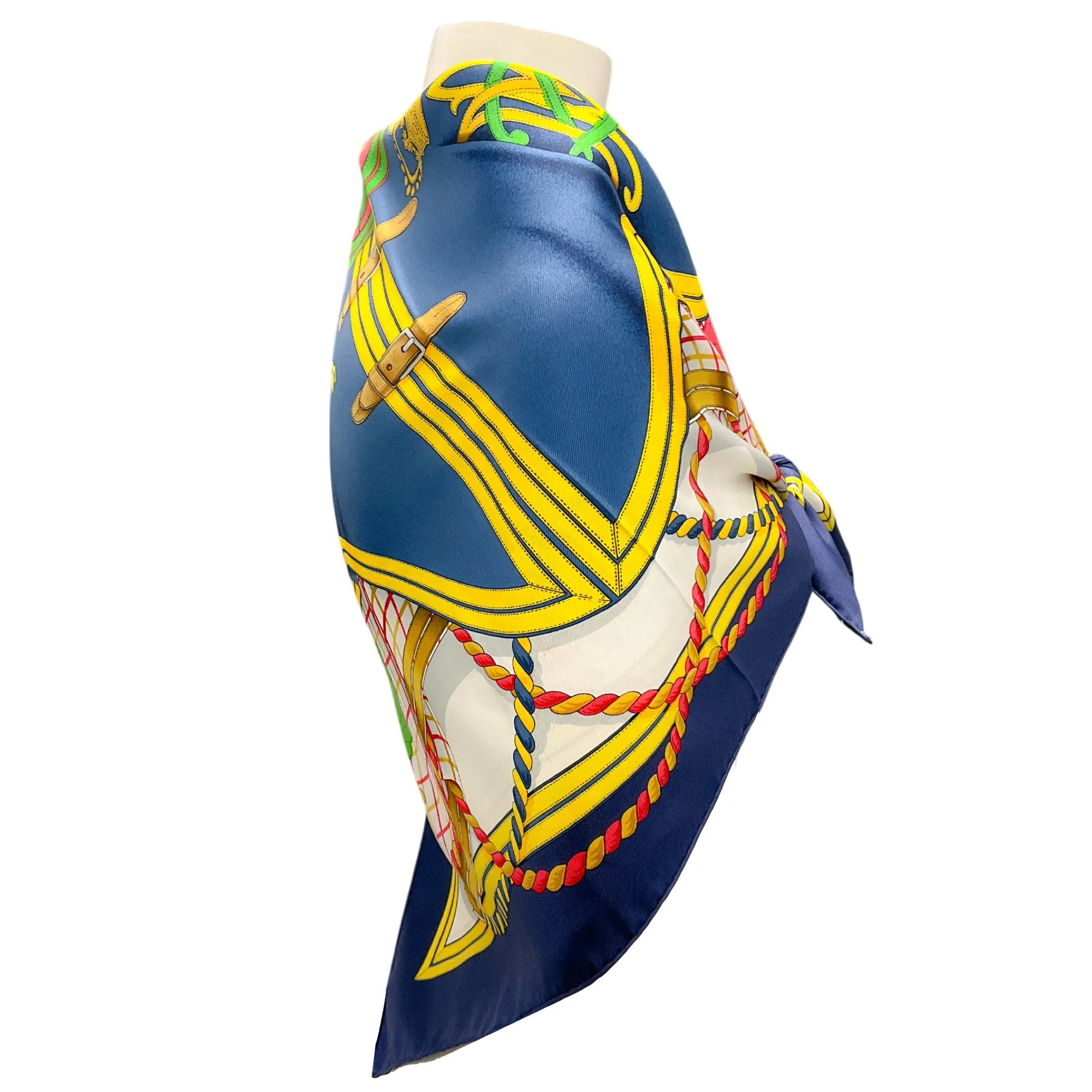 Hermes Navy Blue / Yellow Multi Grande Tenue Print Square Silk Twill Scarf