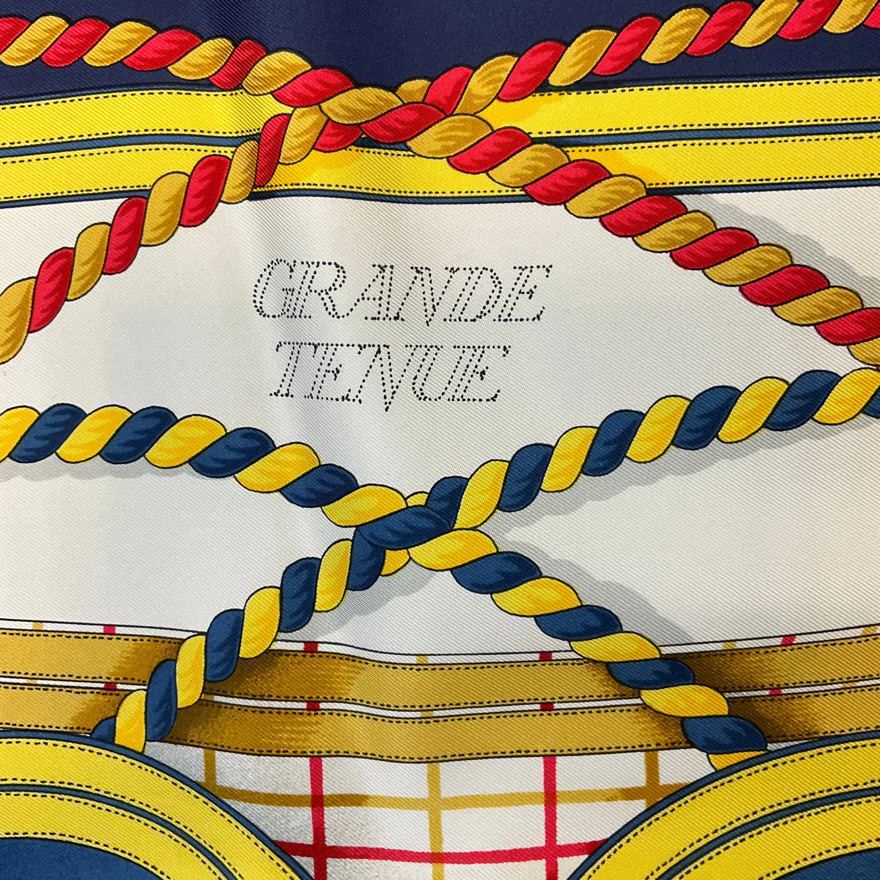 Hermes Navy Blue / Yellow Multi Grande Tenue Print Square Silk Twill Scarf