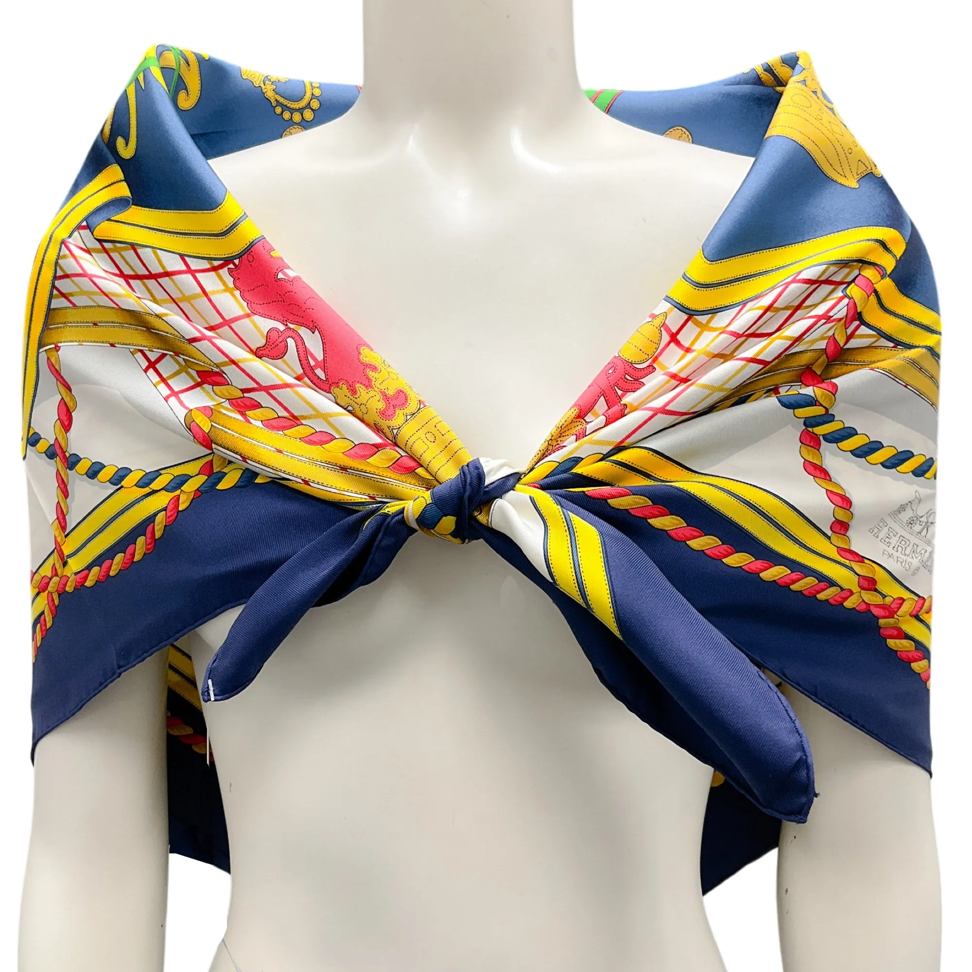 Hermes Navy Blue / Yellow Multi Grande Tenue Print Square Silk Twill Scarf