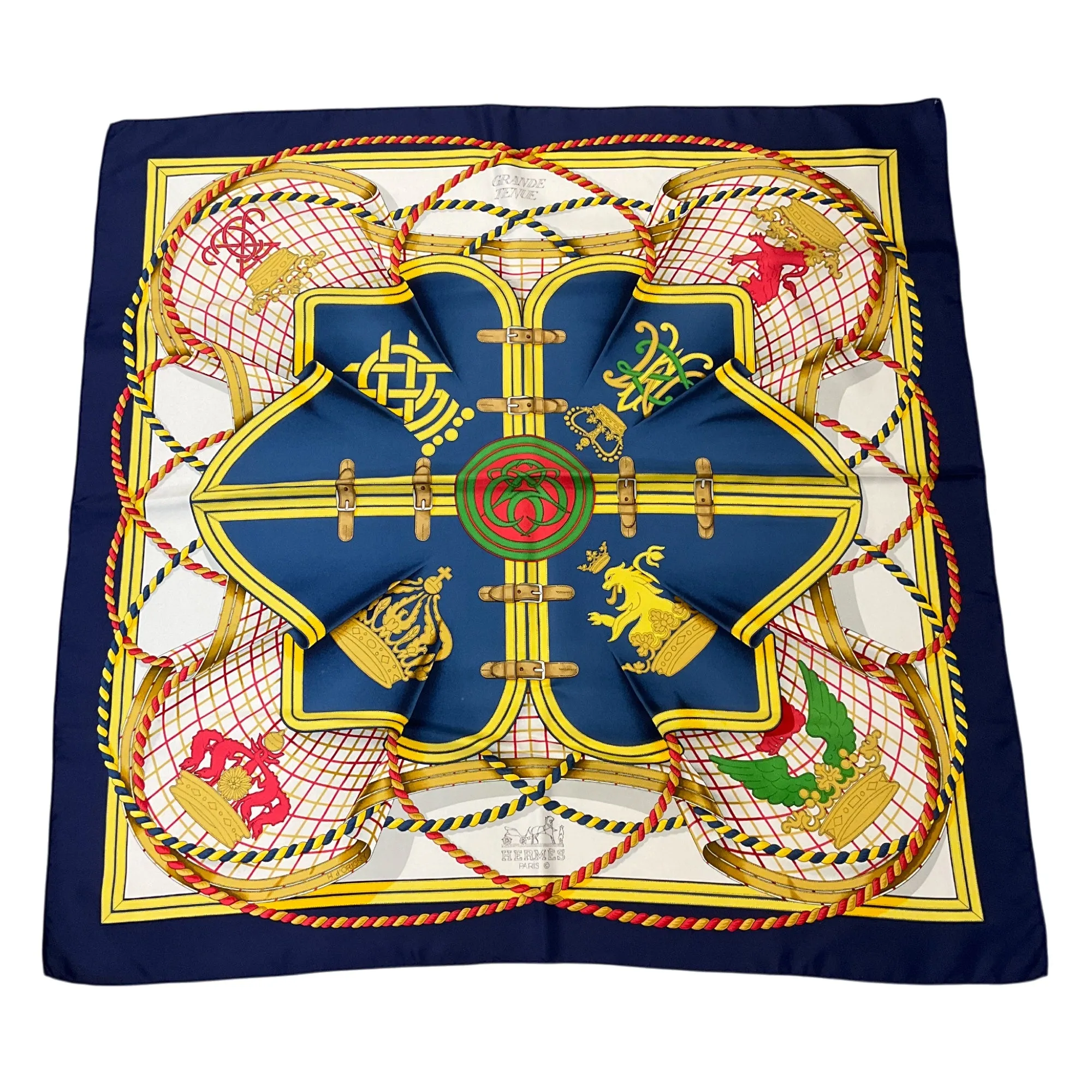 Hermes Navy Blue / Yellow Multi Grande Tenue Print Square Silk Twill Scarf