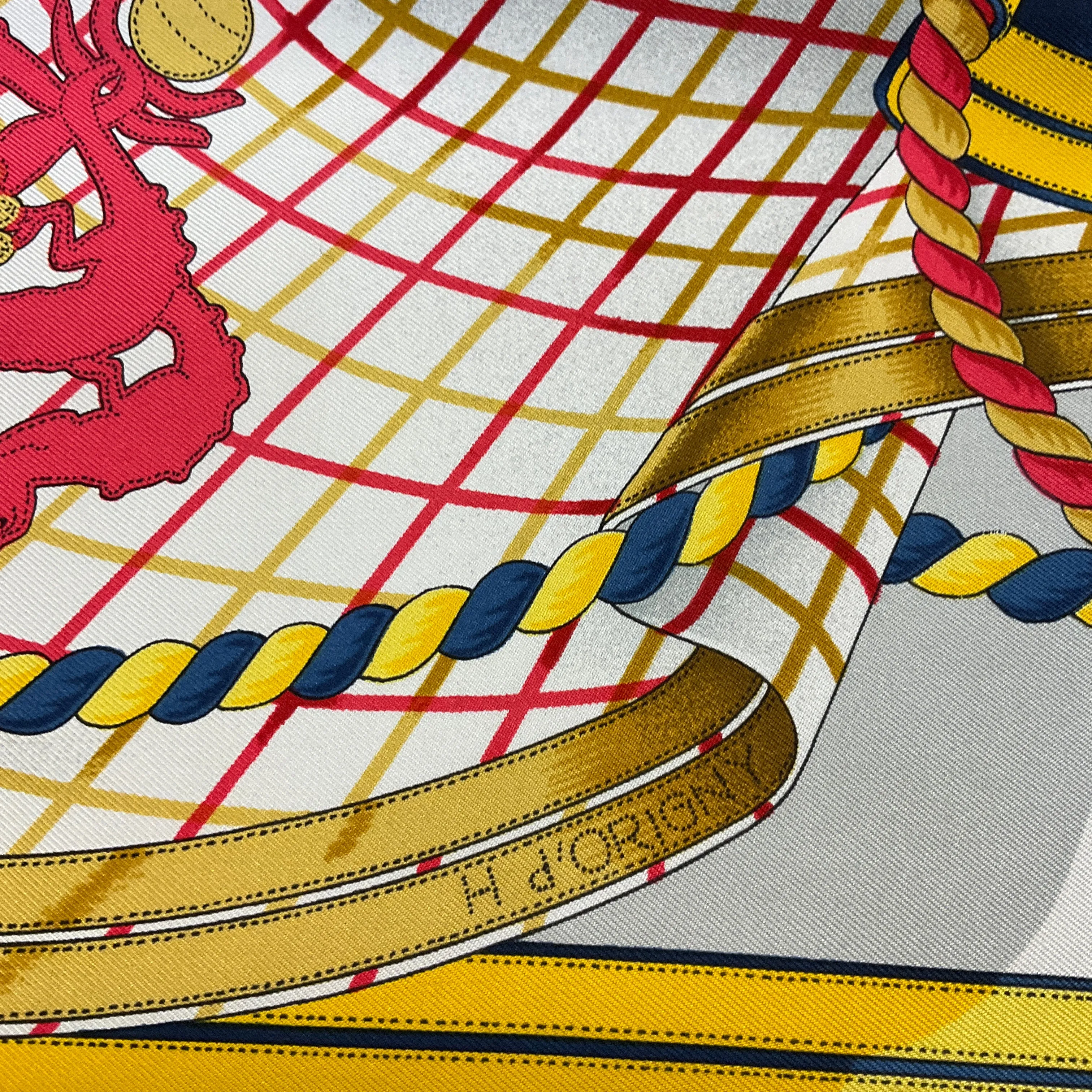 Hermes Navy Blue / Yellow Multi Grande Tenue Print Square Silk Twill Scarf