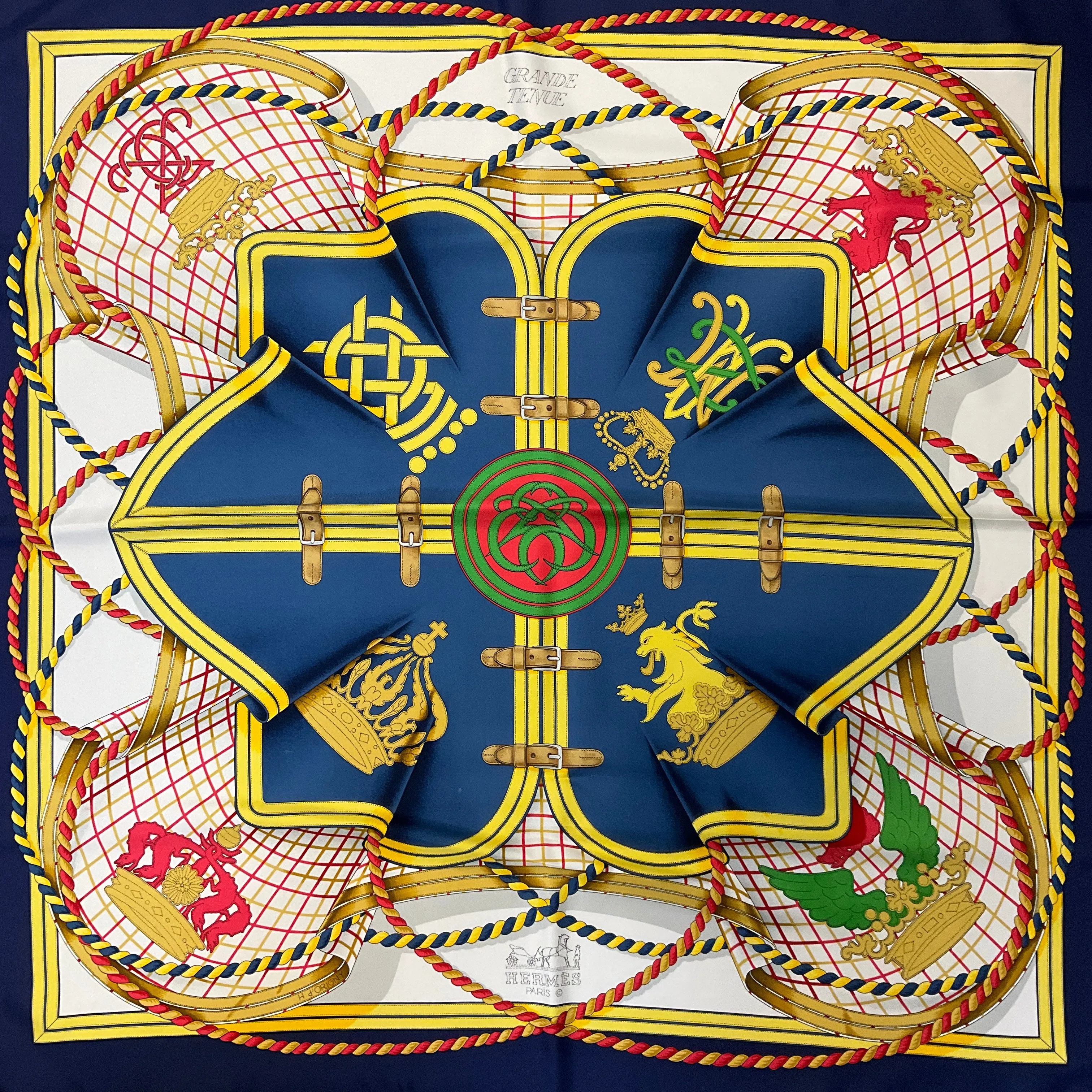 Hermes Navy Blue / Yellow Multi Grande Tenue Print Square Silk Twill Scarf