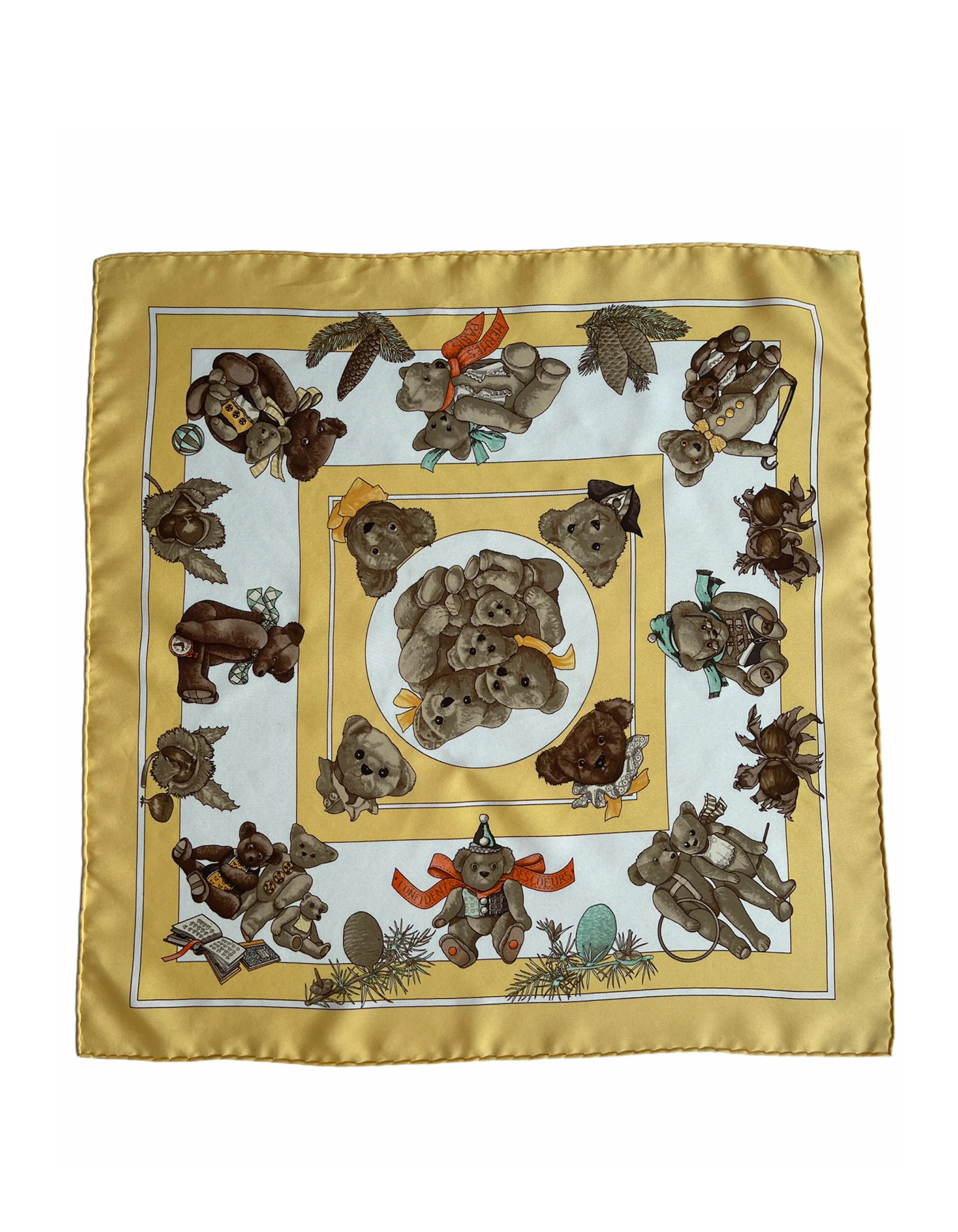 Hermes Yellow/White Silk Confidents Des Coeurs Pocket Square Scarf