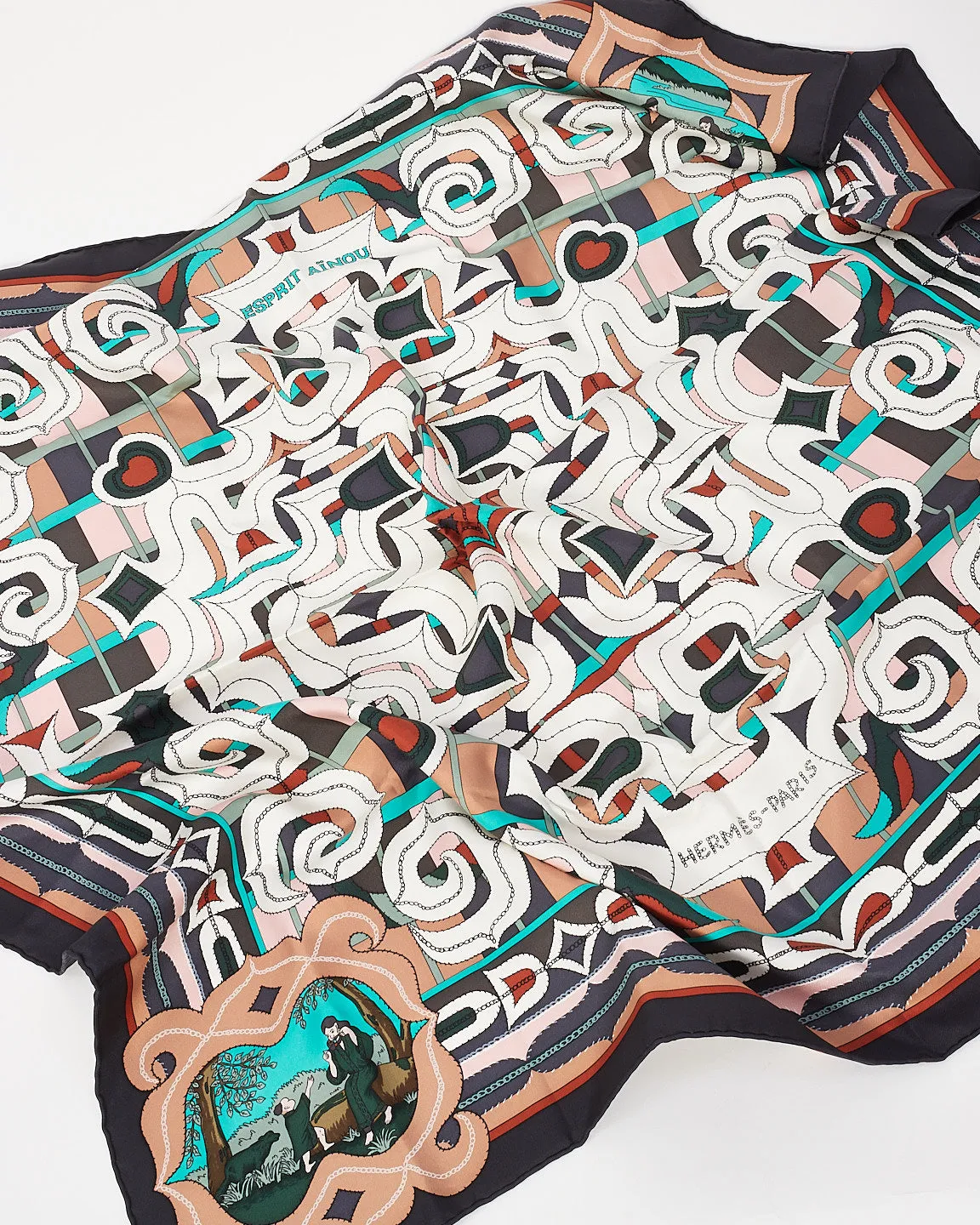 Hermès Black Multi Esprit Ainou Silk Scarf 90