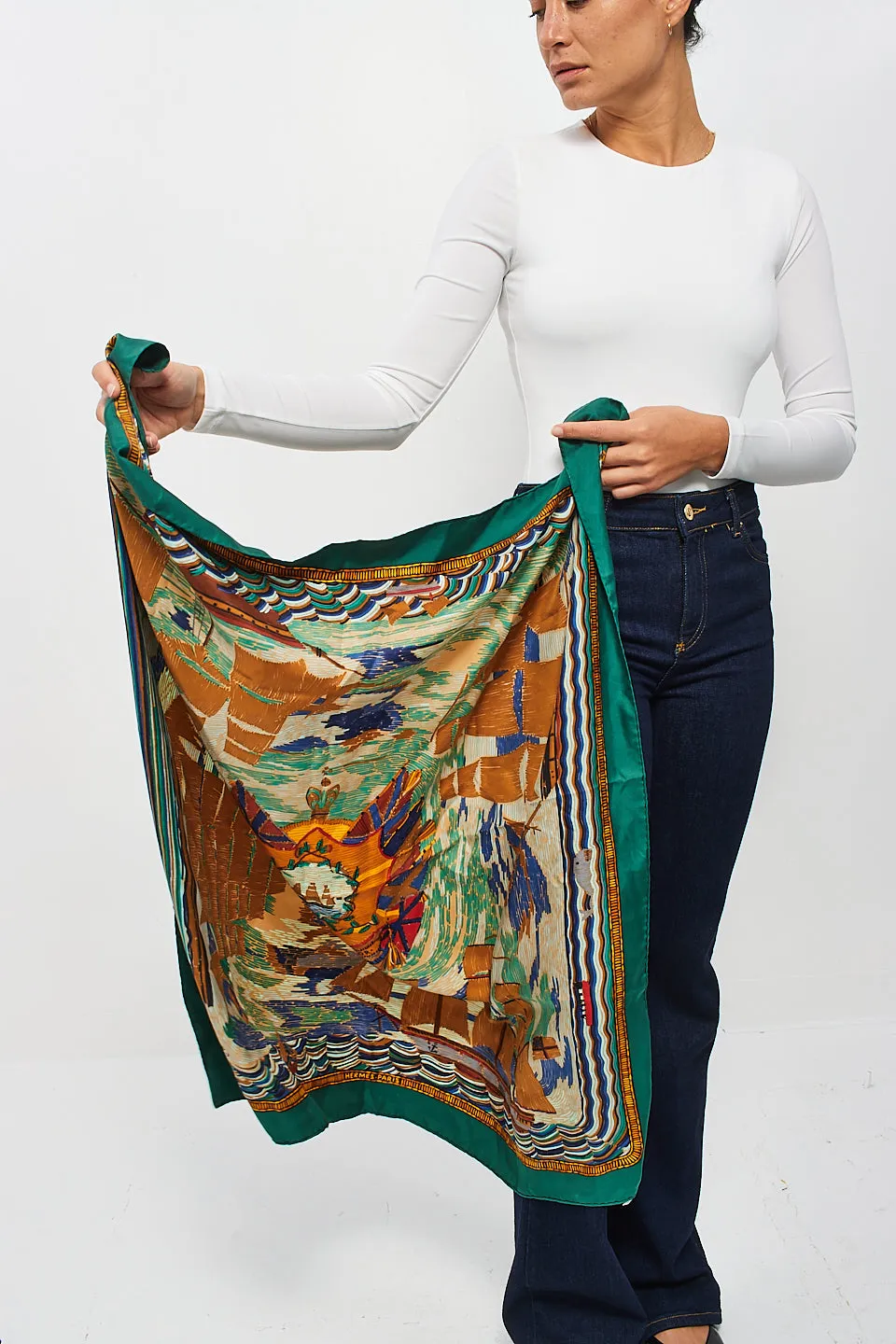 Hermès Green & Bronze 1880 Henry F. Smith Sailor Silk Scarf