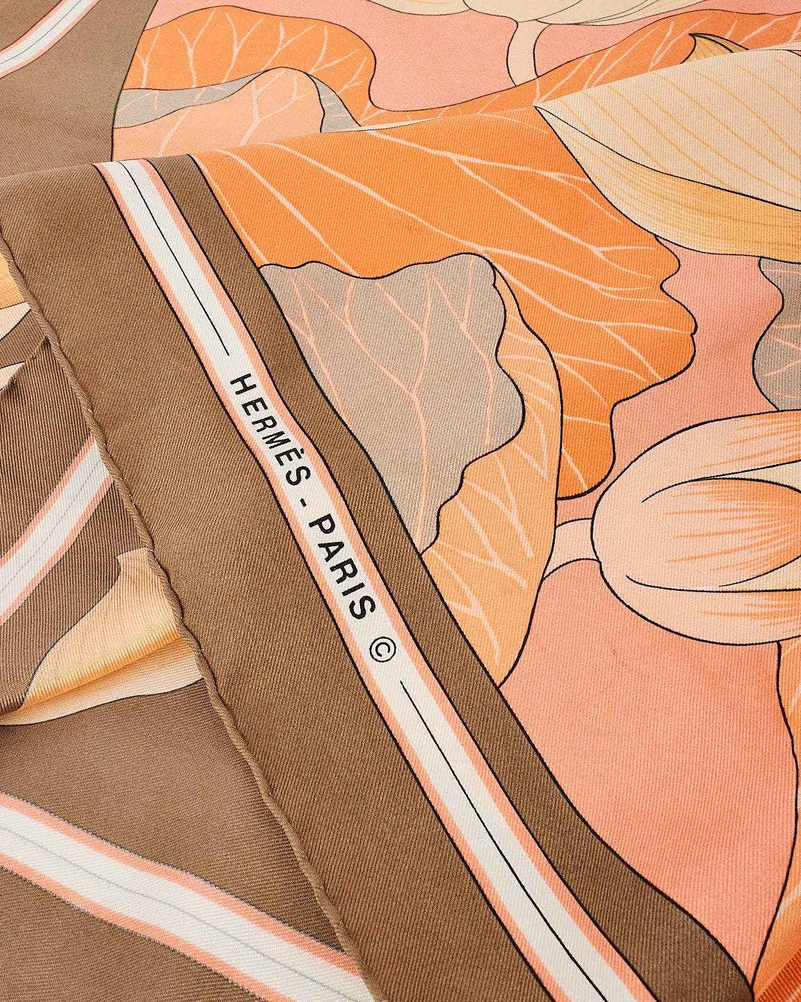 Hermès Orange & Brown Silk Fleurs De Lotus Scarf