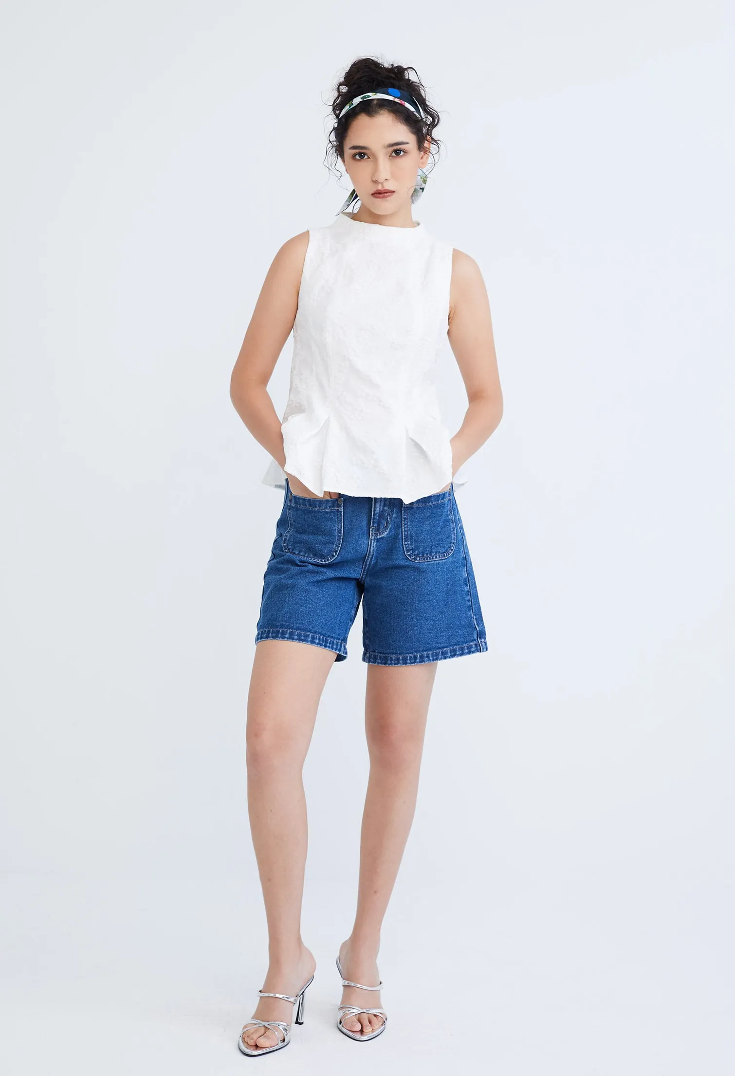 High Neck Brocade Peplum Top