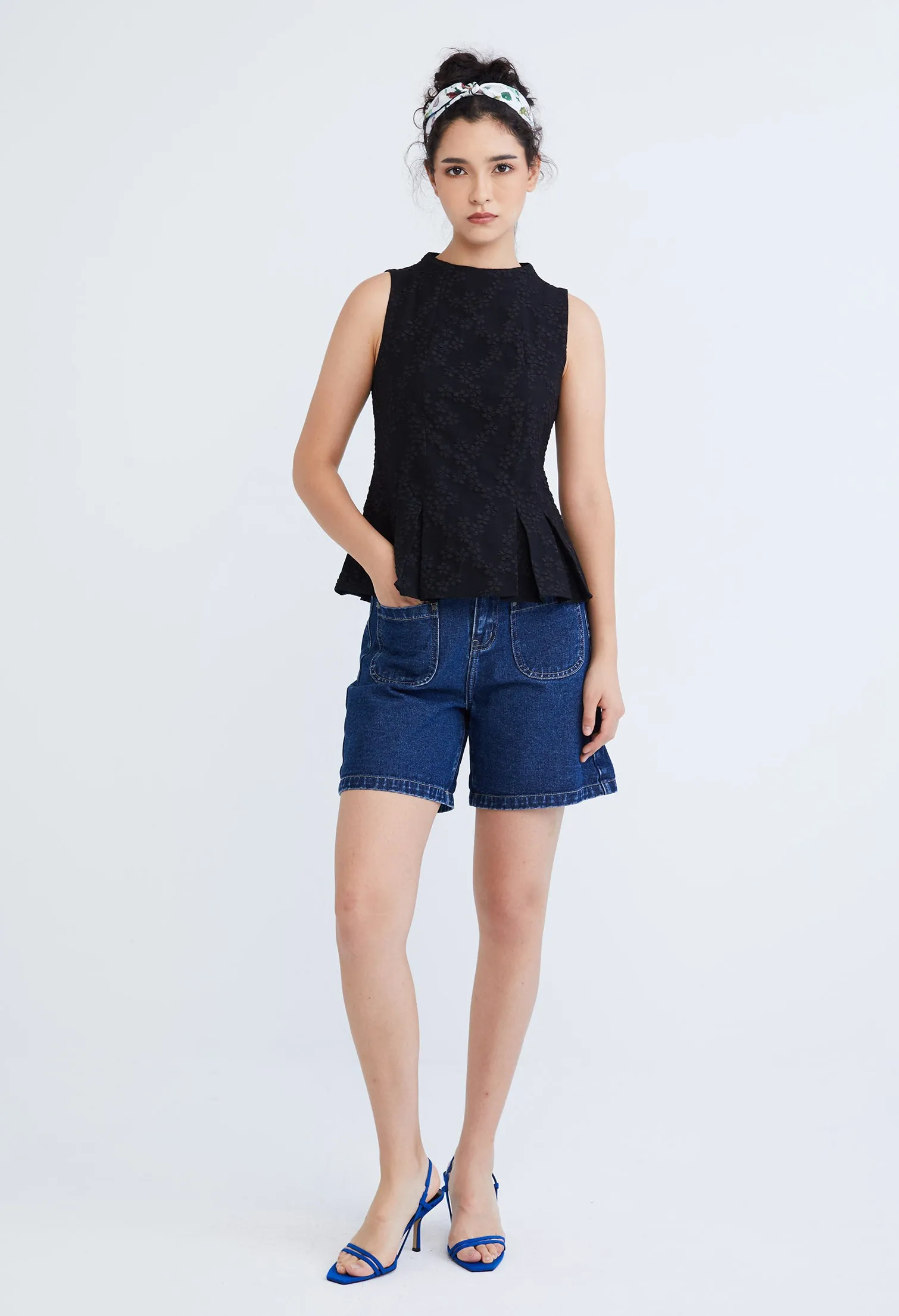 High Neck Brocade Peplum Top