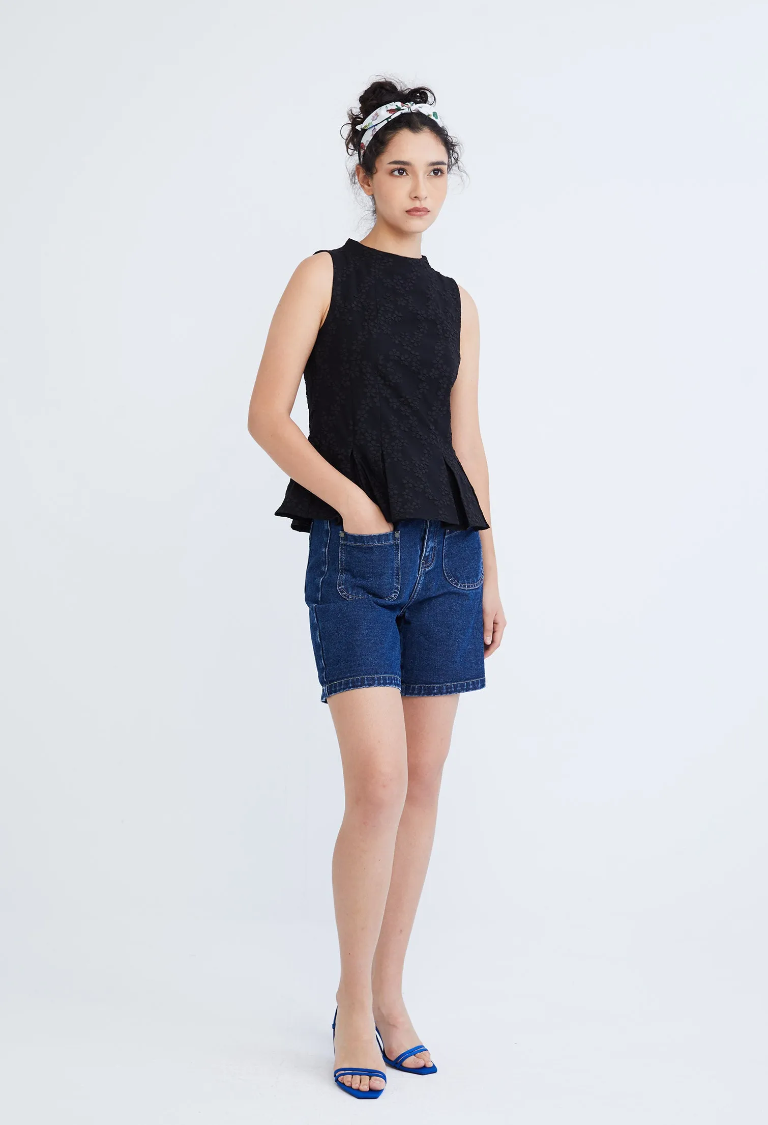 High Neck Brocade Peplum Top