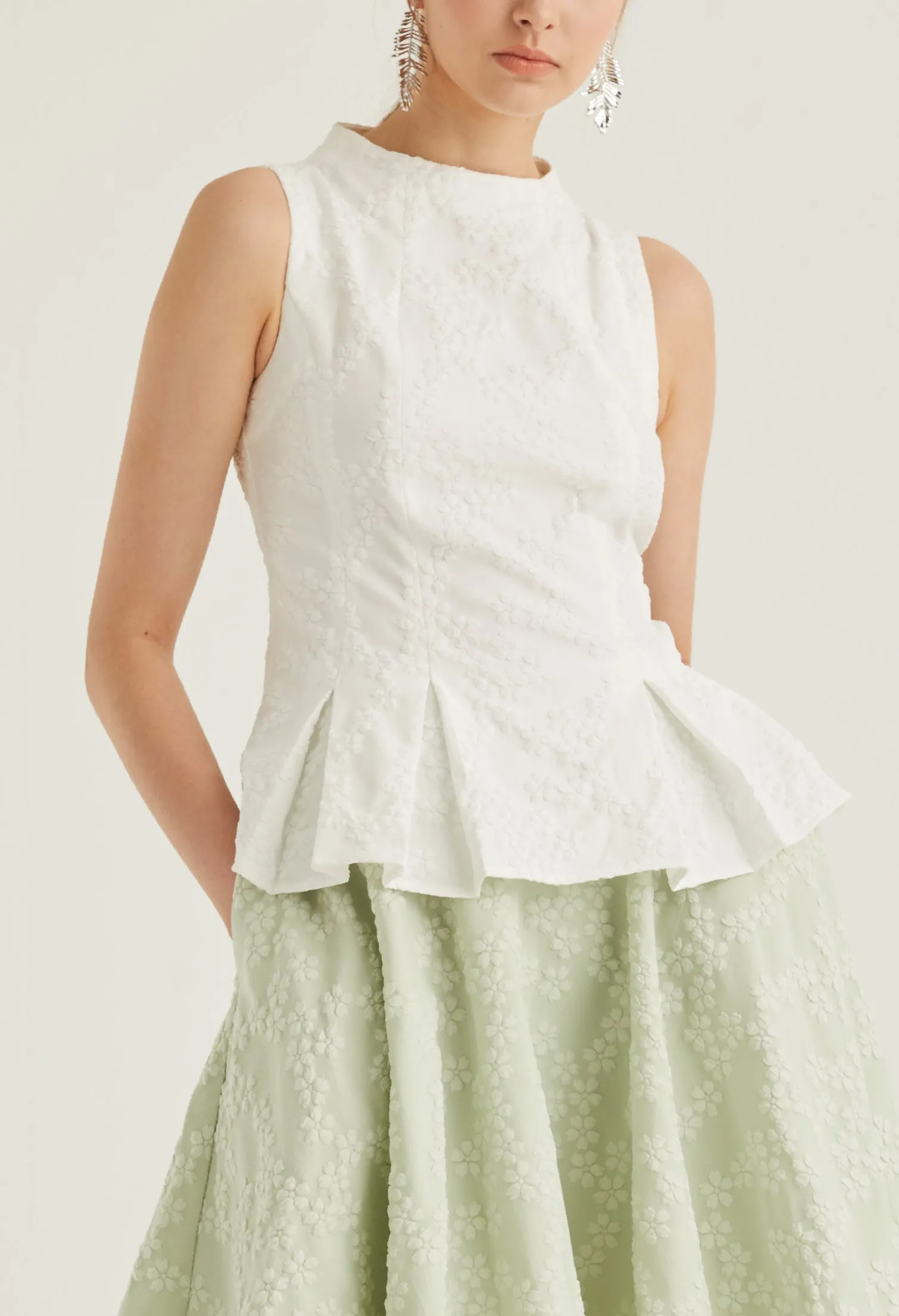 High Neck Brocade Peplum Top