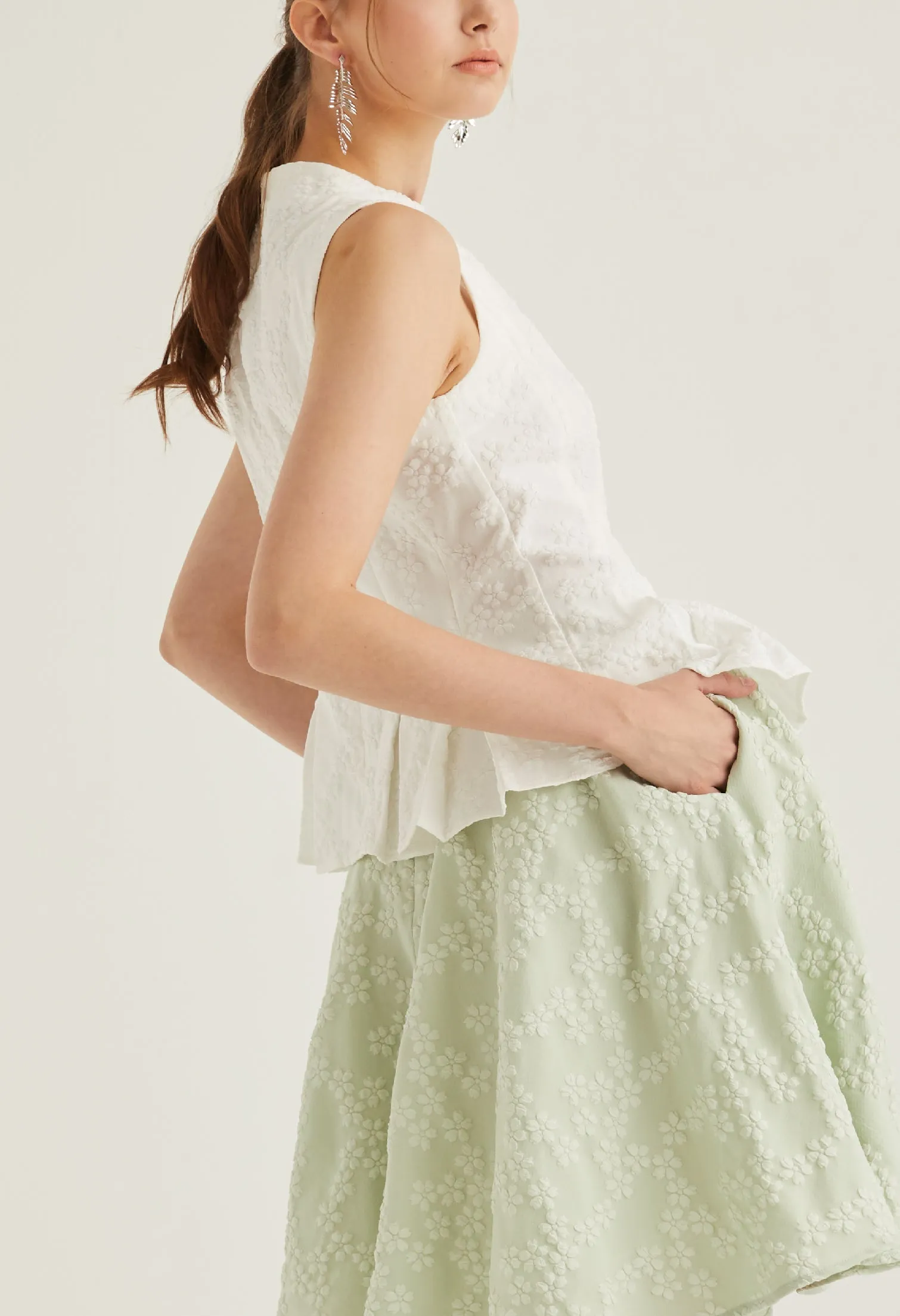High Neck Brocade Peplum Top